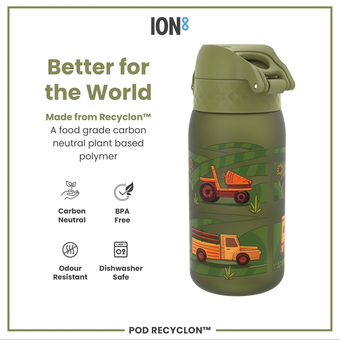 Leak Proof Kids Water Bottle, Recyclon, Farming Machines, 350ml (12oz) - Edie And I