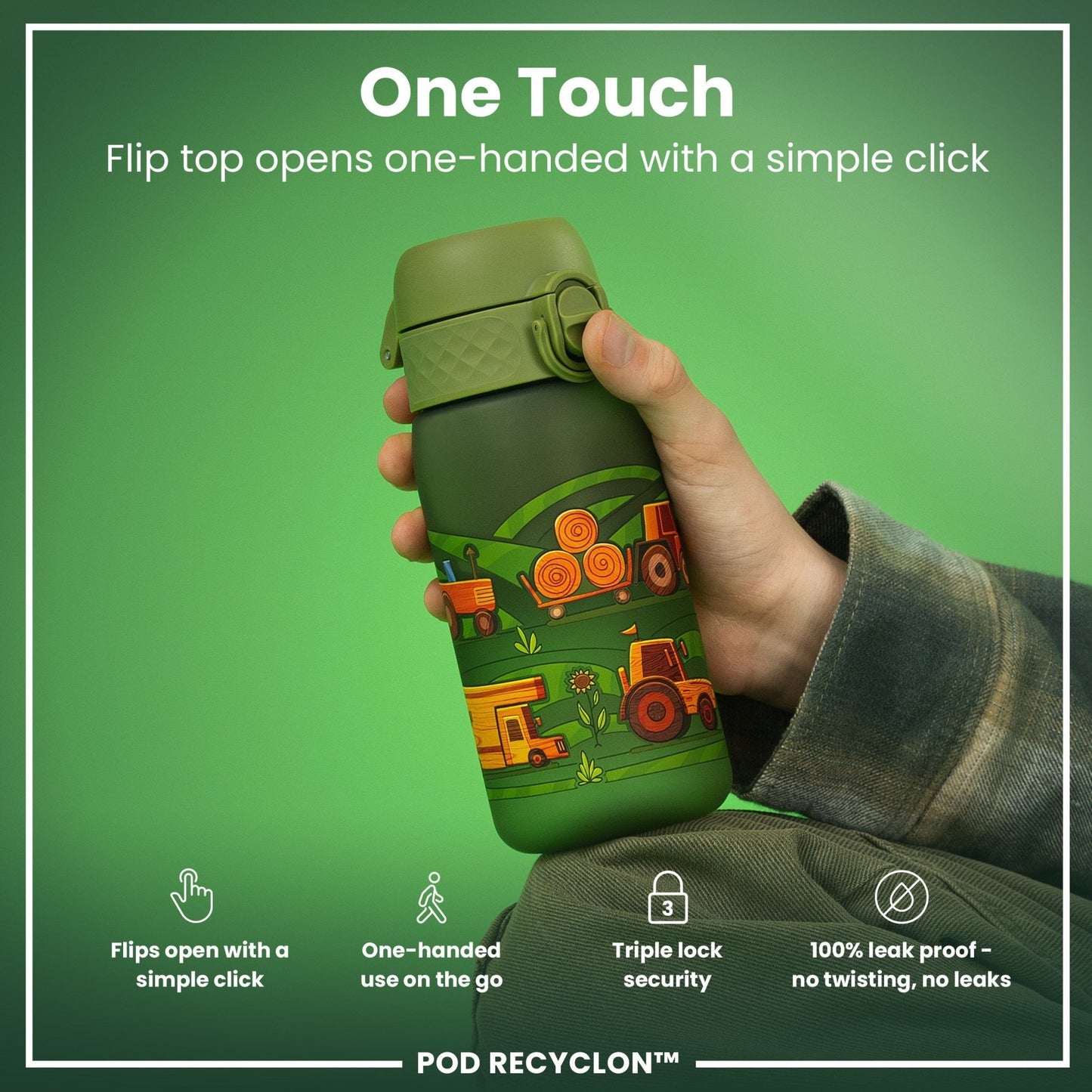 Leak Proof Kids Water Bottle, Recyclon, Farming Machines, 350ml (12oz) - Edie And I