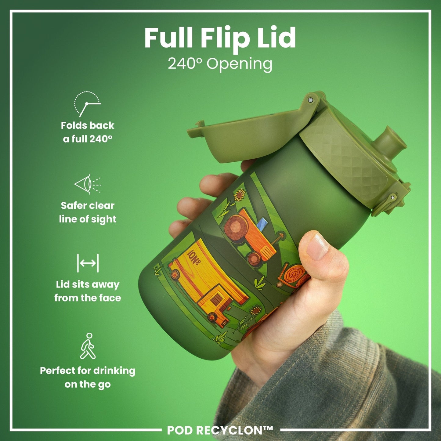 Leak Proof Kids Water Bottle, Recyclon, Farming Machines, 350ml (12oz) - Edie And I