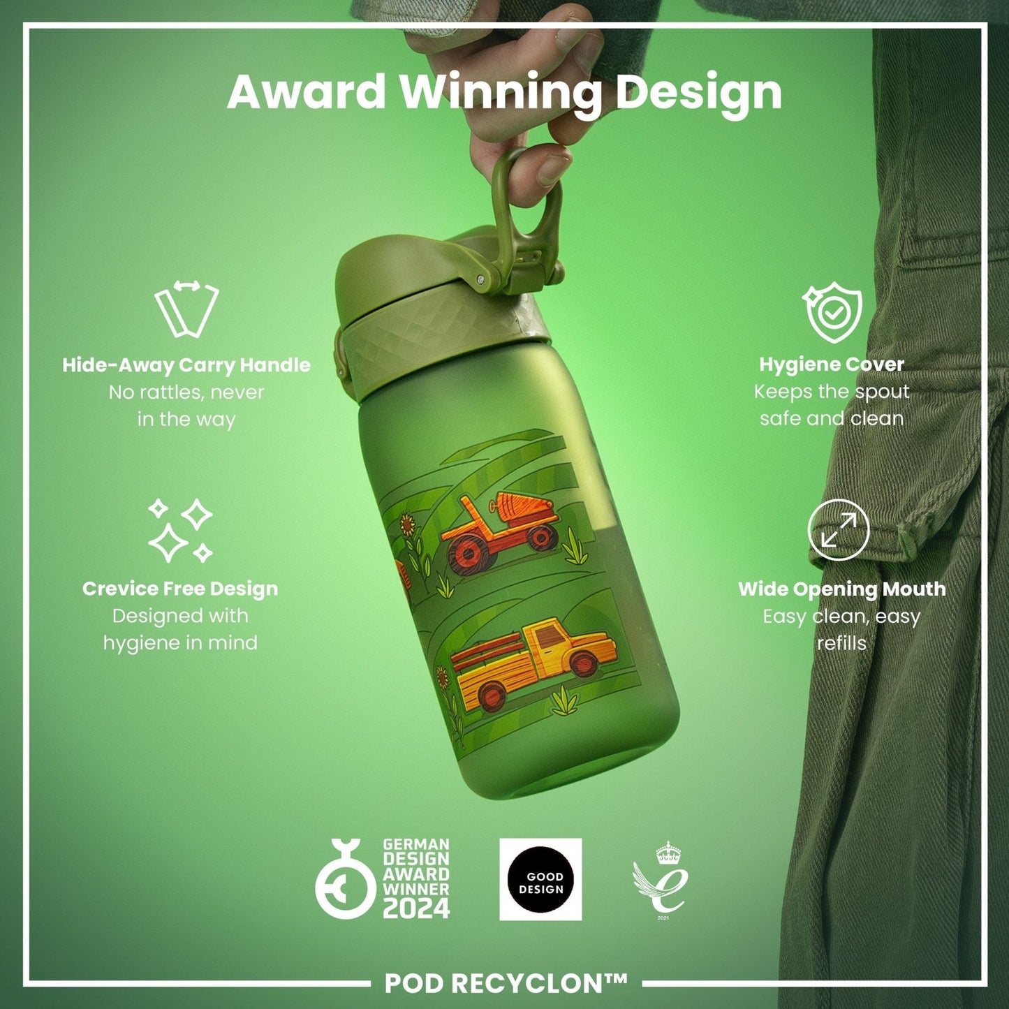Leak Proof Kids Water Bottle, Recyclon, Farming Machines, 350ml (12oz) - Edie And I