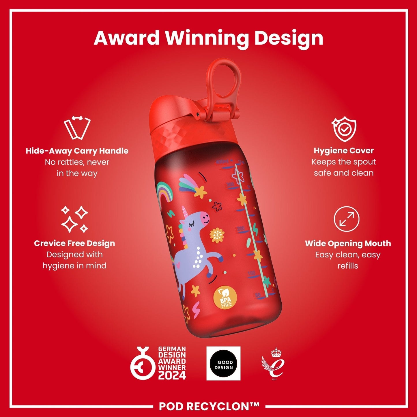 Leak Proof Kids Water Bottle, Recyclon, Red Unicorns, 350ml (12oz) - Edie And I