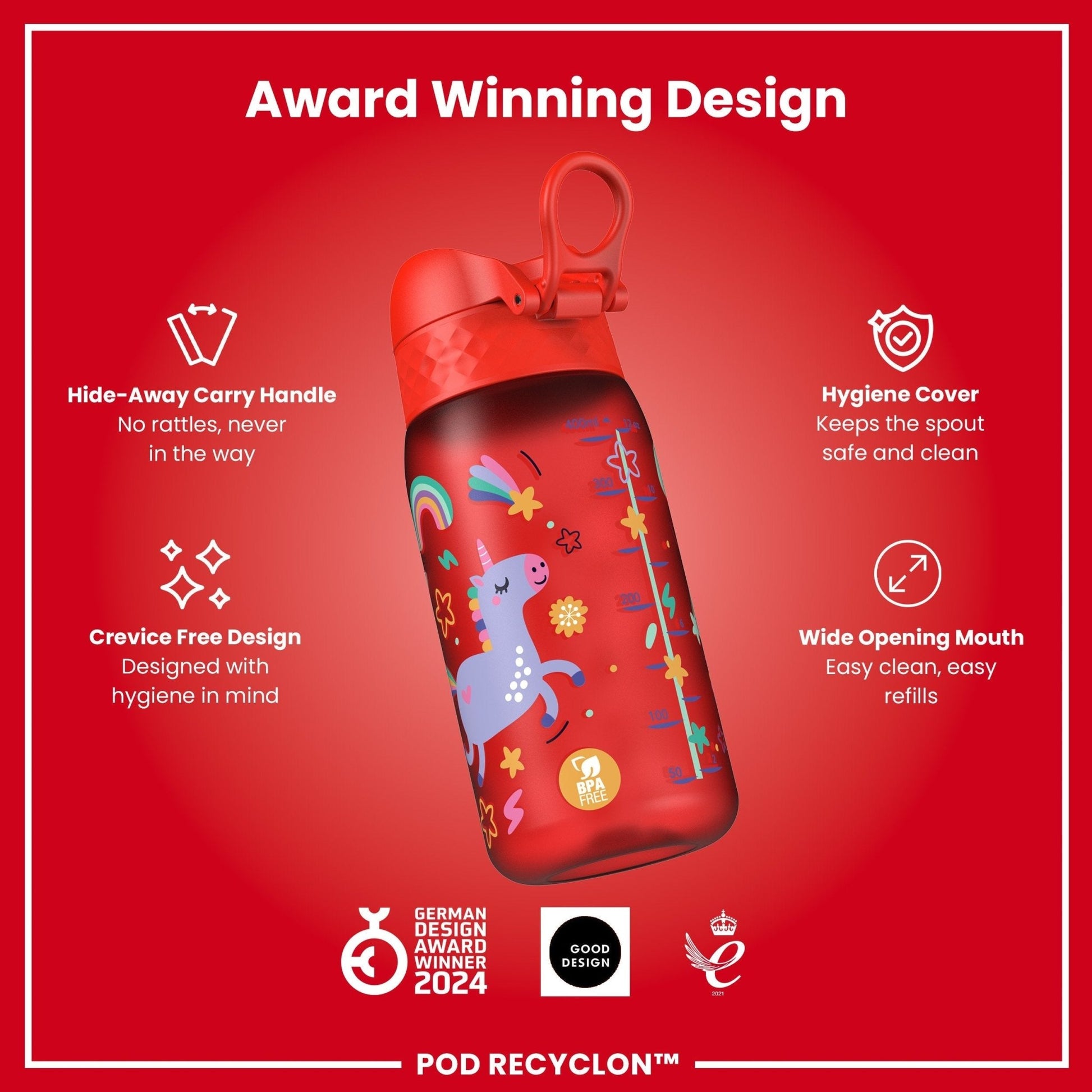 Leak Proof Kids Water Bottle, Recyclon, Red Unicorns, 350ml (12oz) - Edie And I