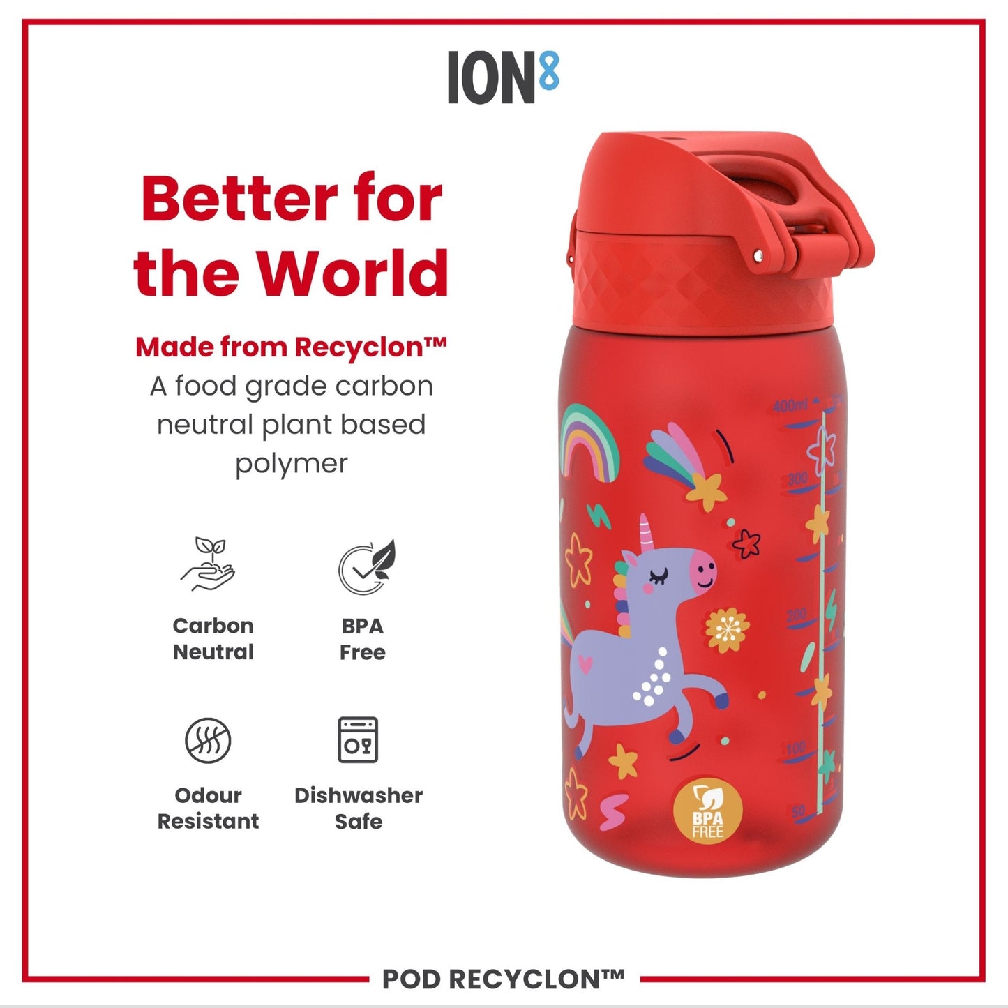 Leak Proof Kids Water Bottle, Recyclon, Red Unicorns, 350ml (12oz) - Edie And I