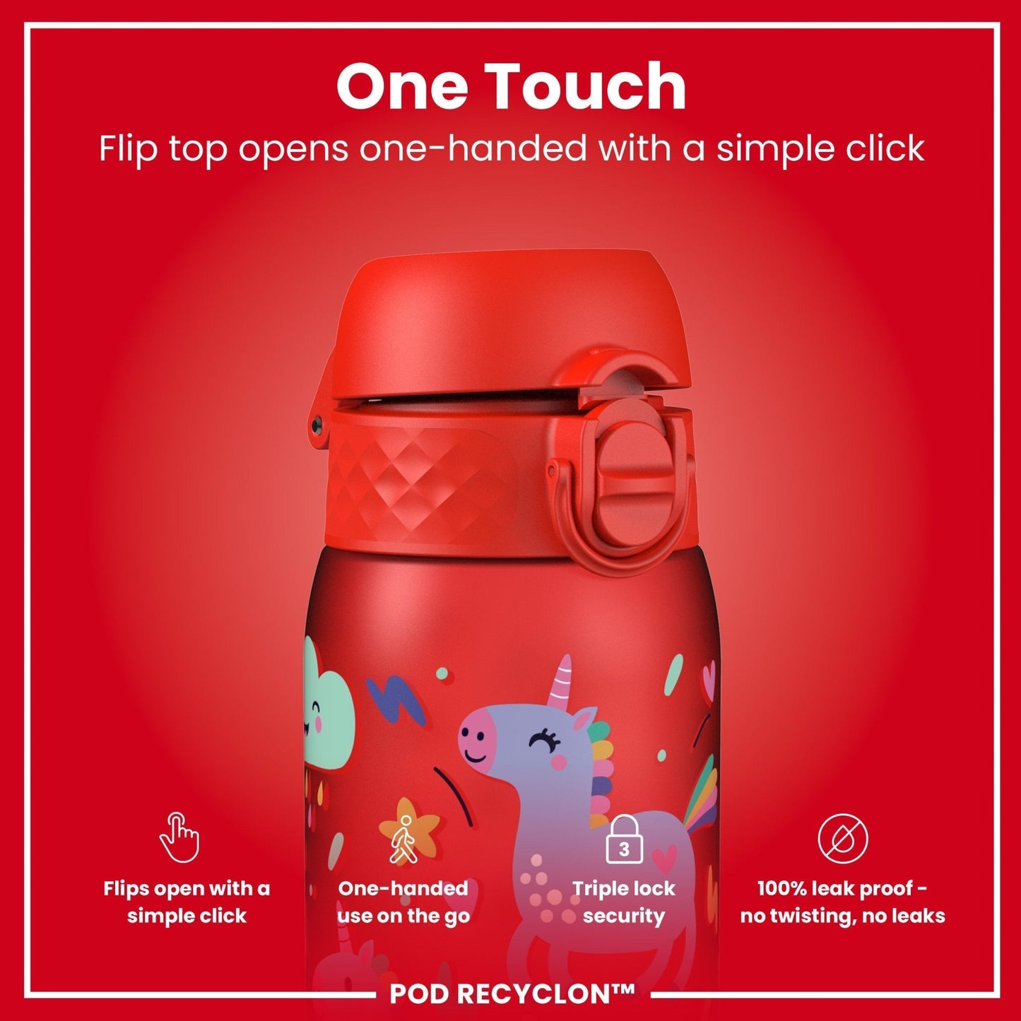 Leak Proof Kids Water Bottle, Recyclon, Red Unicorns, 350ml (12oz) - Edie And I