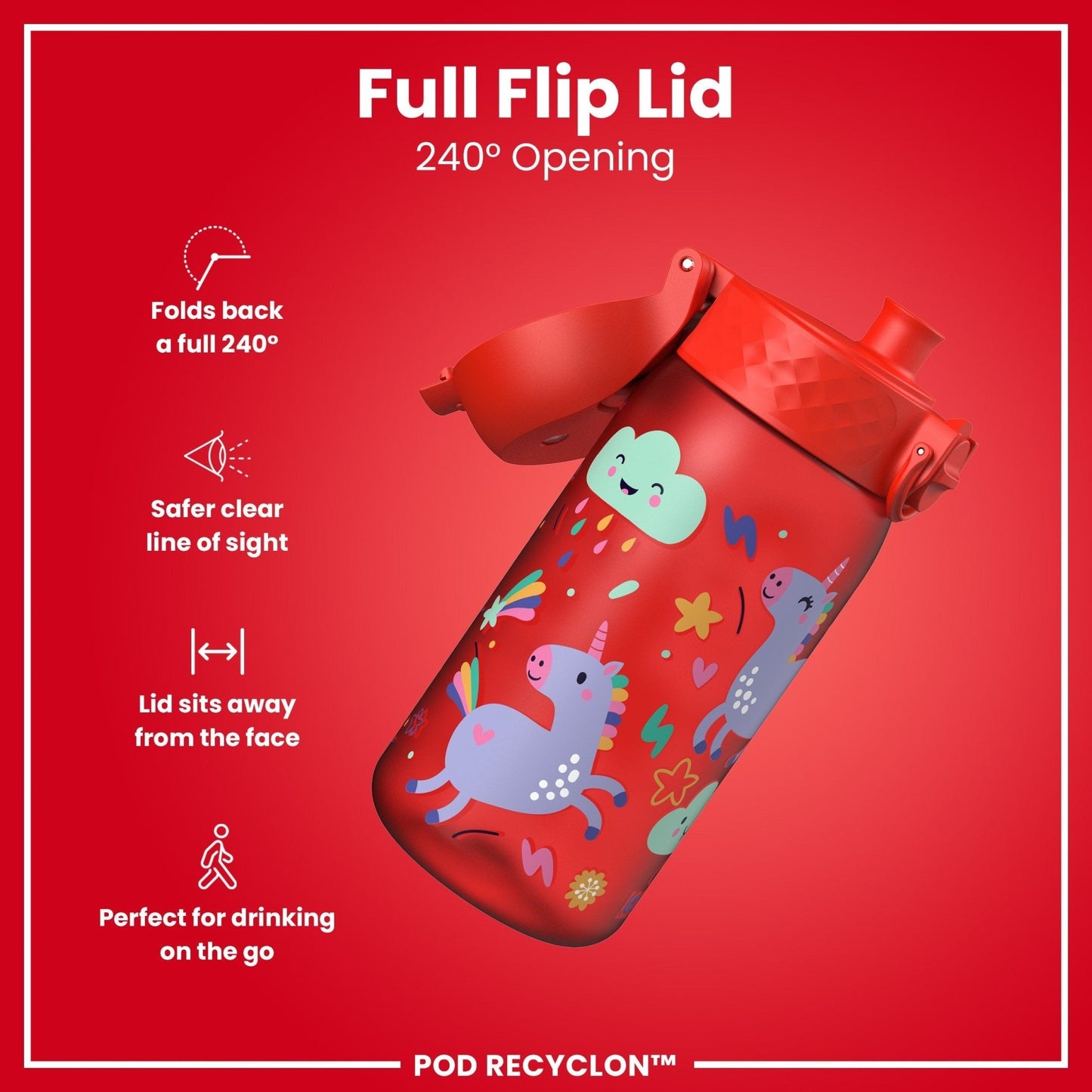 Leak Proof Kids Water Bottle, Recyclon, Red Unicorns, 350ml (12oz) - Edie And I