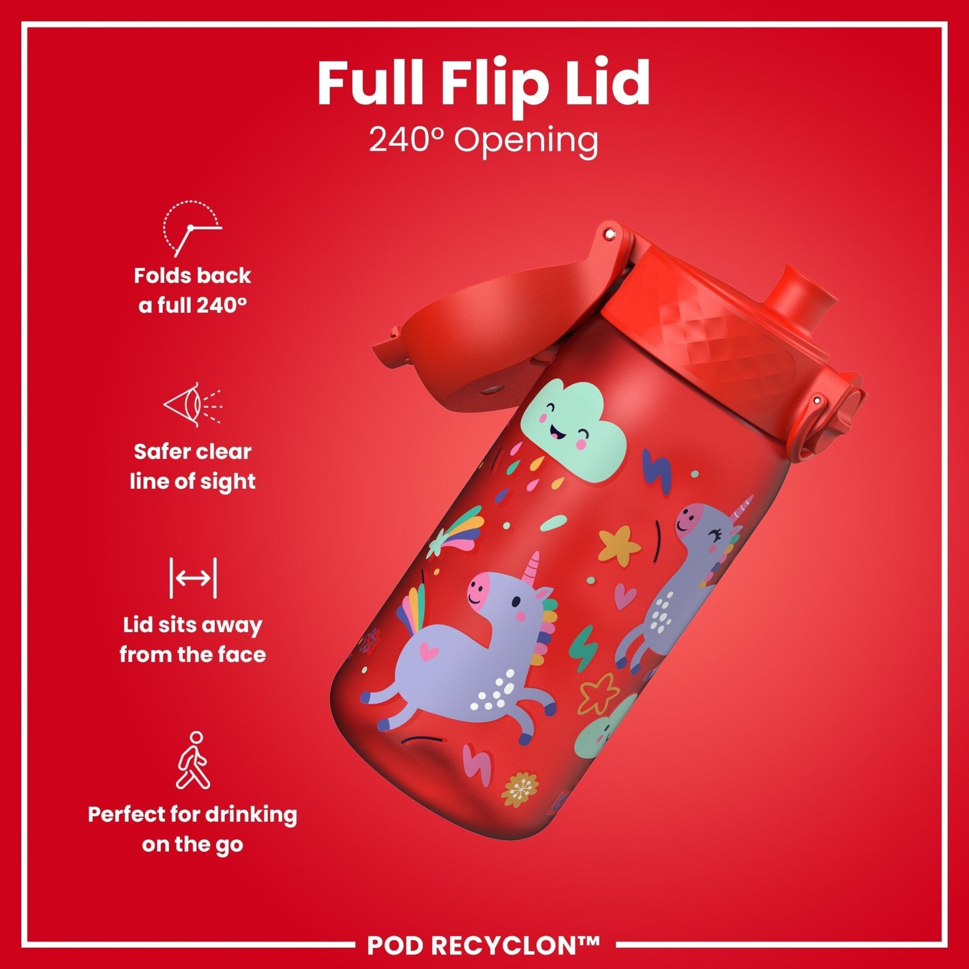 Leak Proof Kids Water Bottle, Recyclon, Red Unicorns, 350ml (12oz) - Edie And I