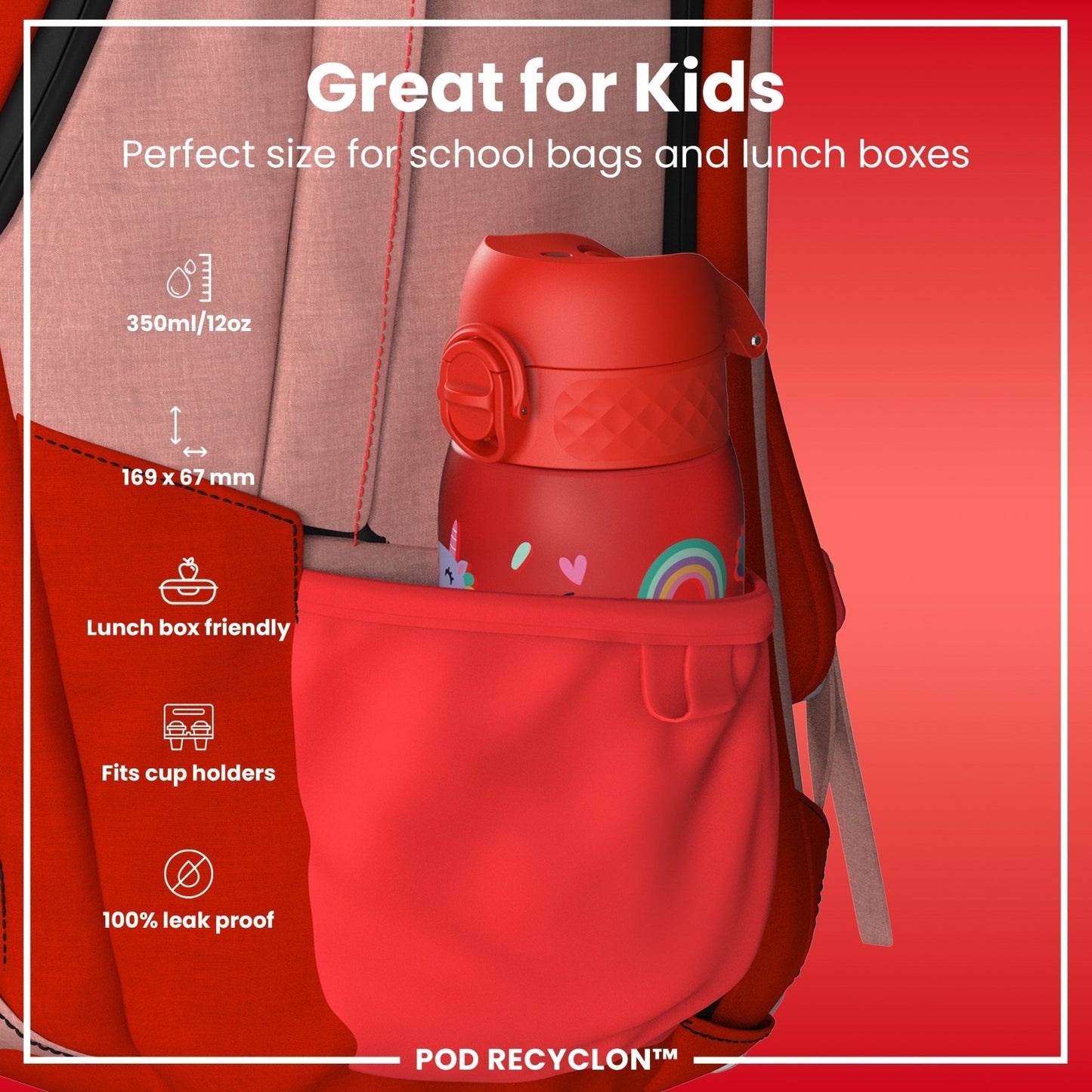 Leak Proof Kids Water Bottle, Recyclon, Red Unicorns, 350ml (12oz) - Edie And I
