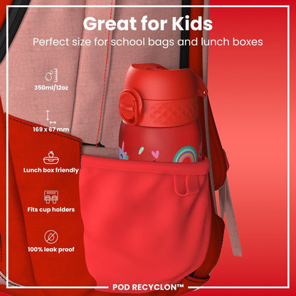 Leak Proof Kids Water Bottle, Recyclon, Red Unicorns, 350ml (12oz) - Edie And I