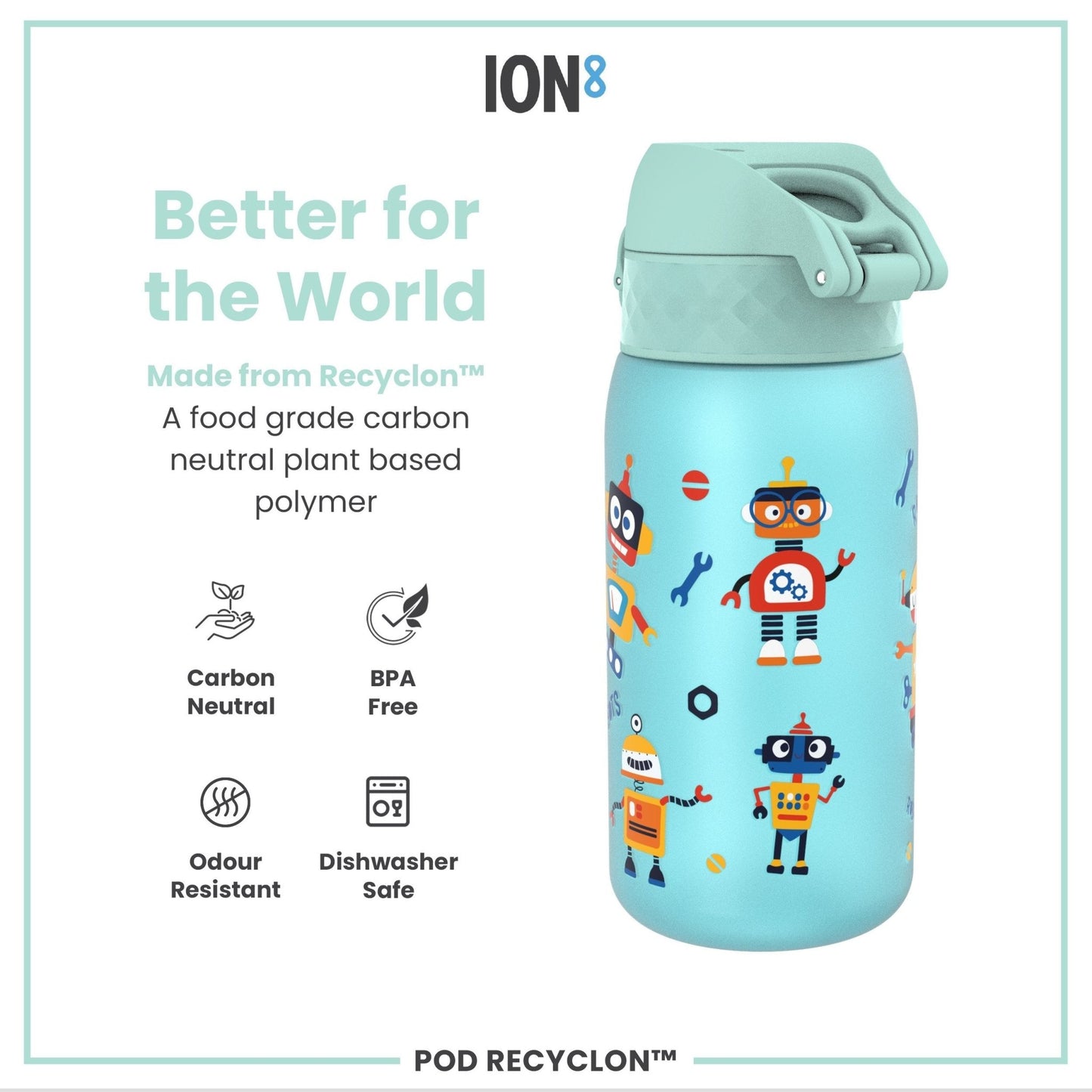 Leak Proof Kids Water Bottle, Recyclon, Robots, 350ml (12oz) - Edie And I