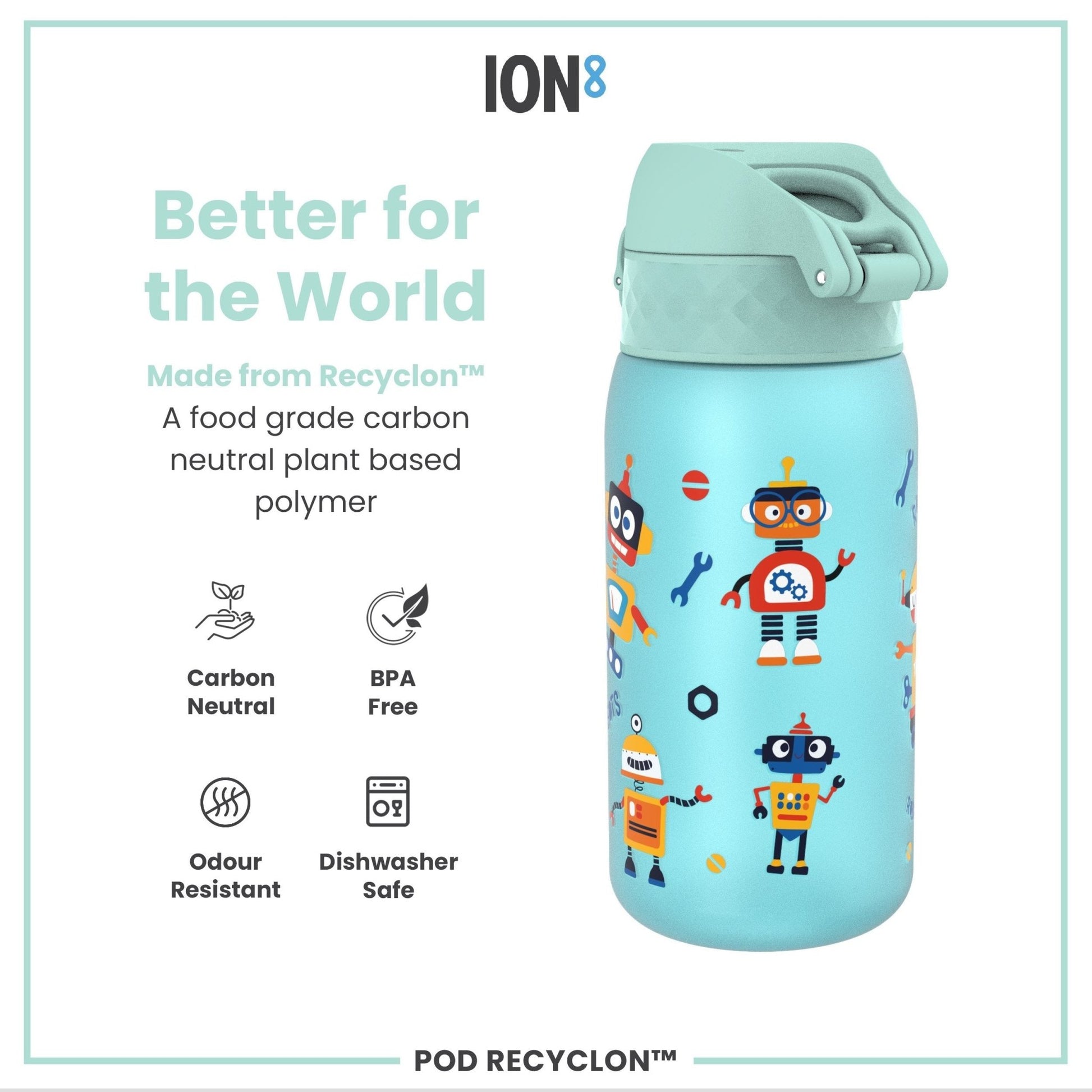 Leak Proof Kids Water Bottle, Recyclon, Robots, 350ml (12oz) - Edie And I