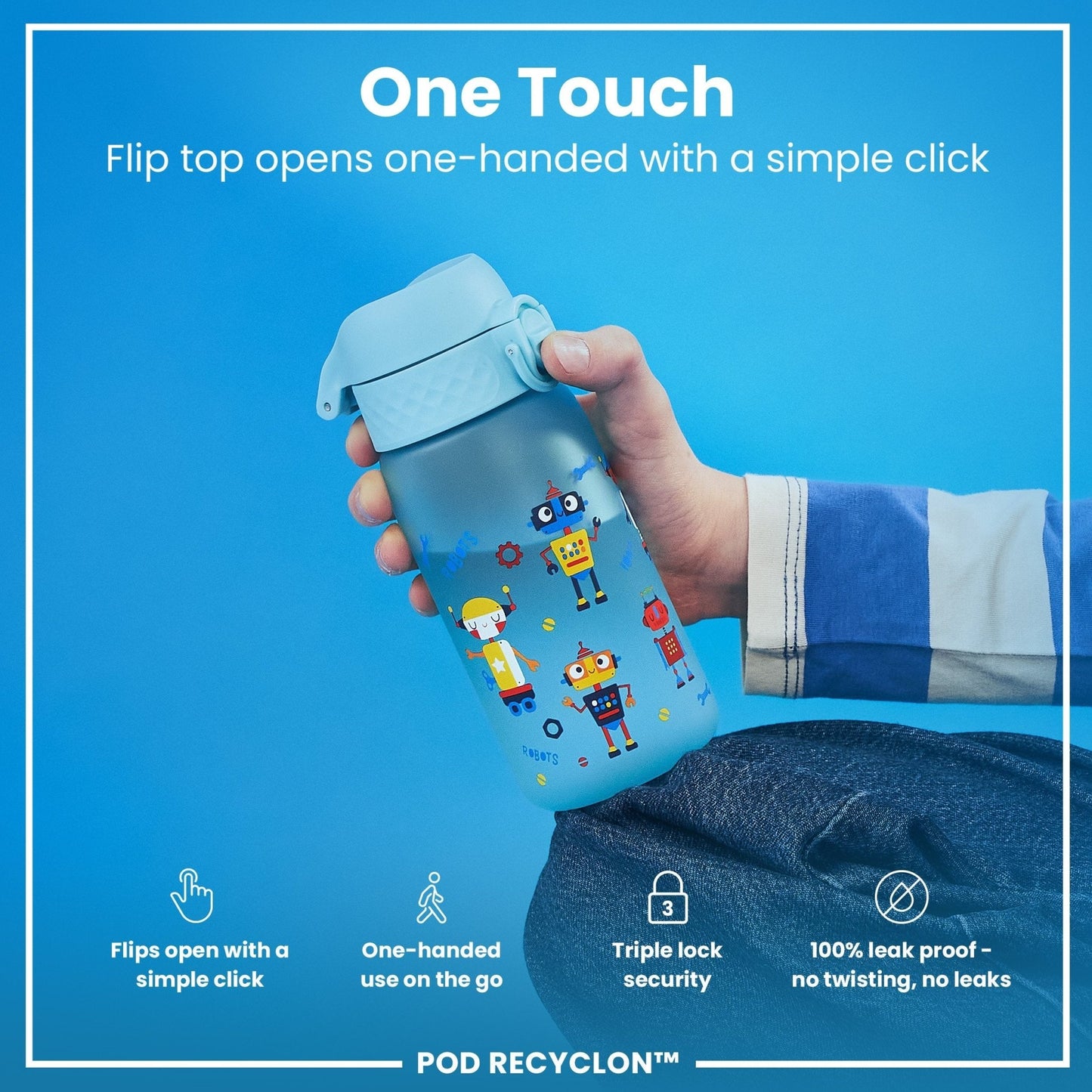 Leak Proof Kids Water Bottle, Recyclon, Robots, 350ml (12oz) - Edie And I