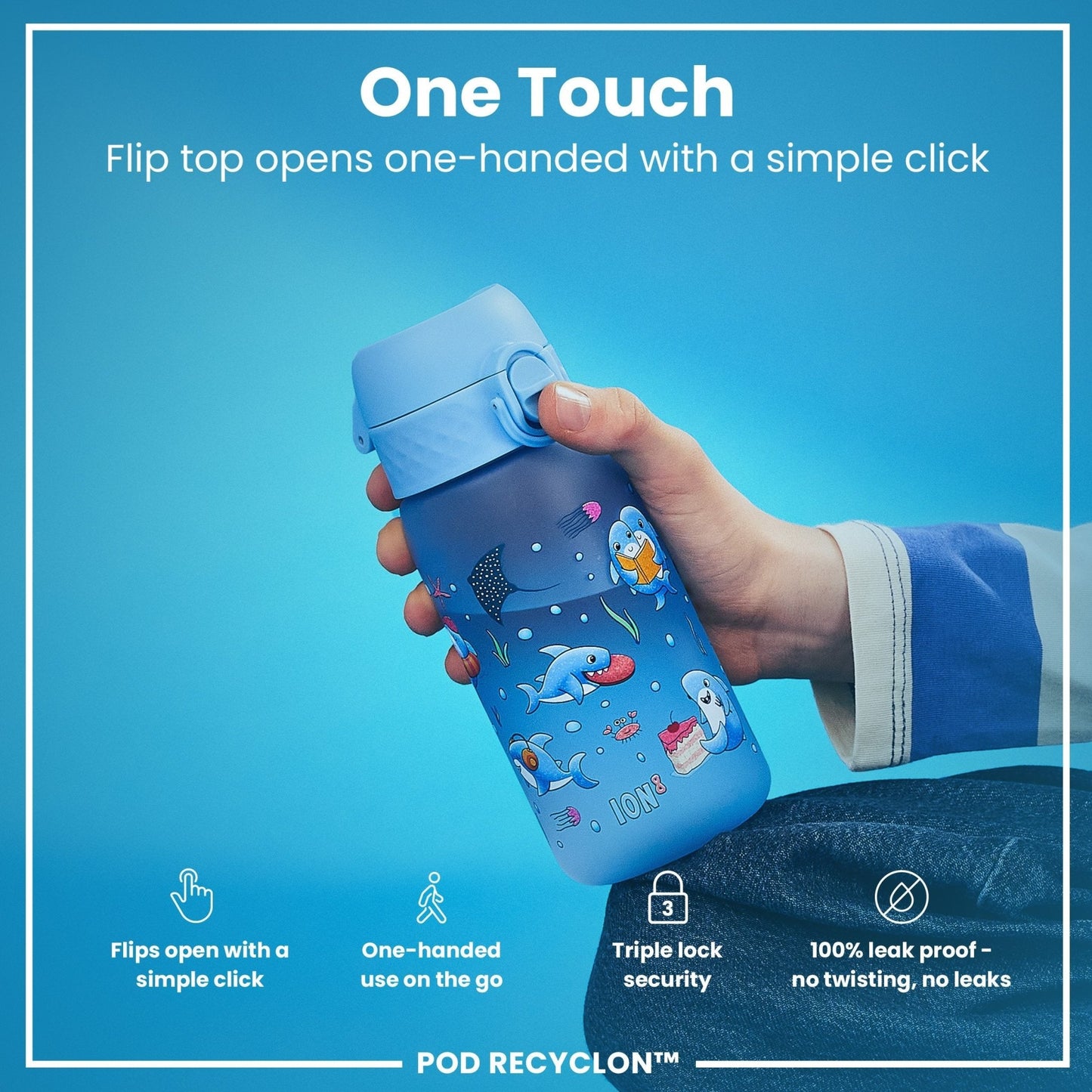 Leak Proof Kids Water Bottle, Recyclon, Sharks, 350ml (12oz) - Edie And I