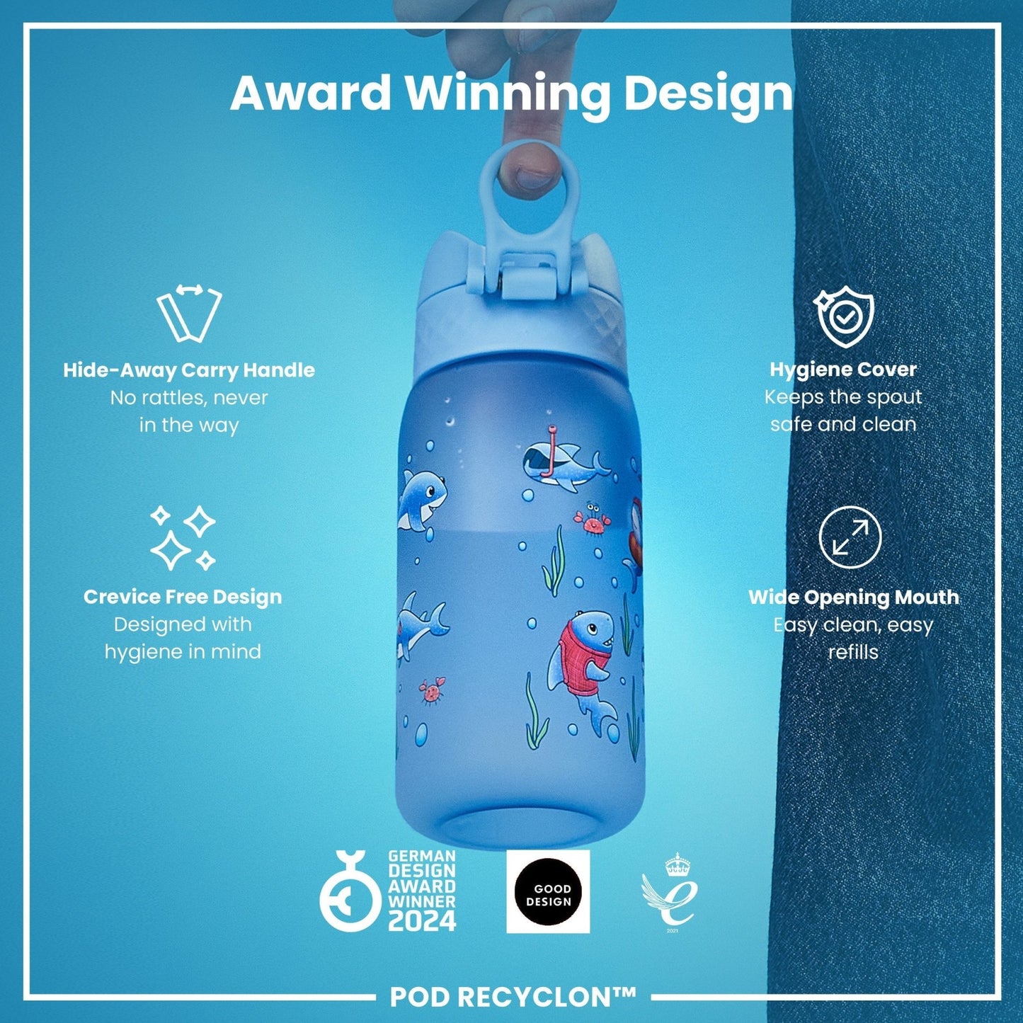 Leak Proof Kids Water Bottle, Recyclon, Sharks, 350ml (12oz) - Edie And I