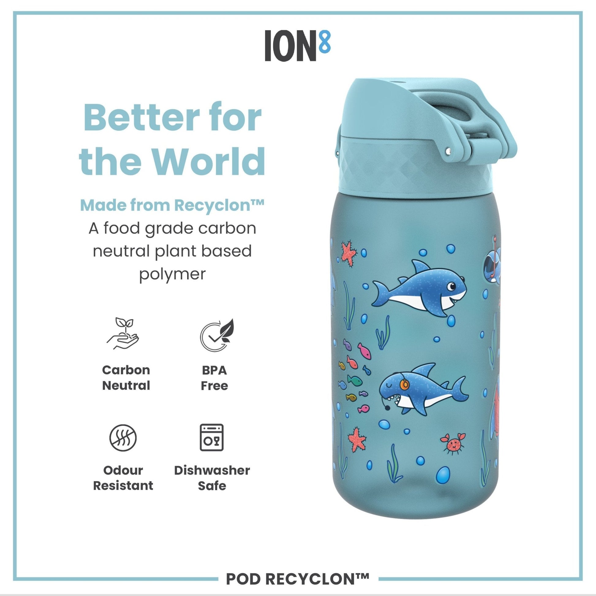 Leak Proof Kids Water Bottle, Recyclon, Sharks, 350ml (12oz) - Edie And I