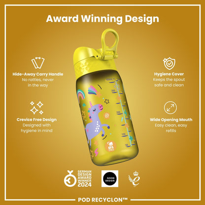 Leak Proof Kids Water Bottle, Recyclon, Yellow Unicorns, 350ml (12oz) - Edie And I