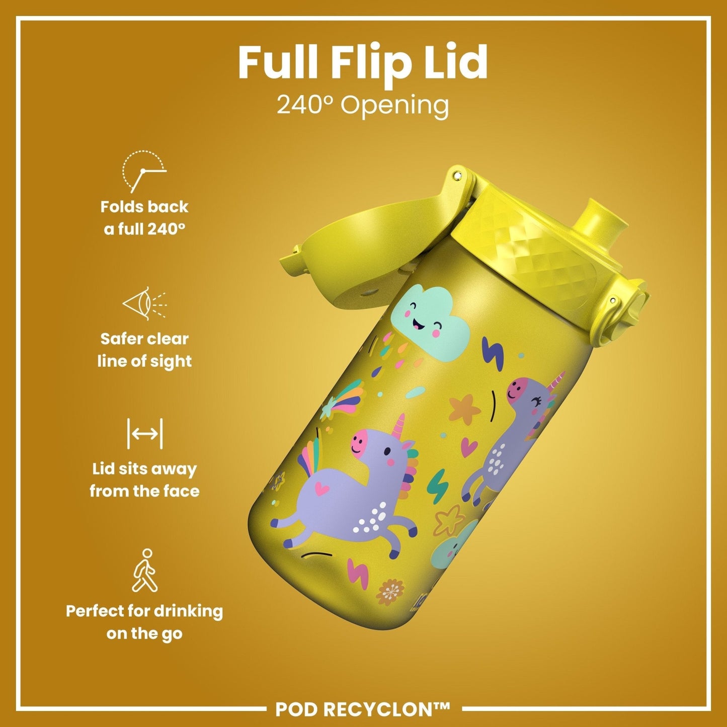 Leak Proof Kids Water Bottle, Recyclon, Yellow Unicorns, 350ml (12oz) - Edie And I