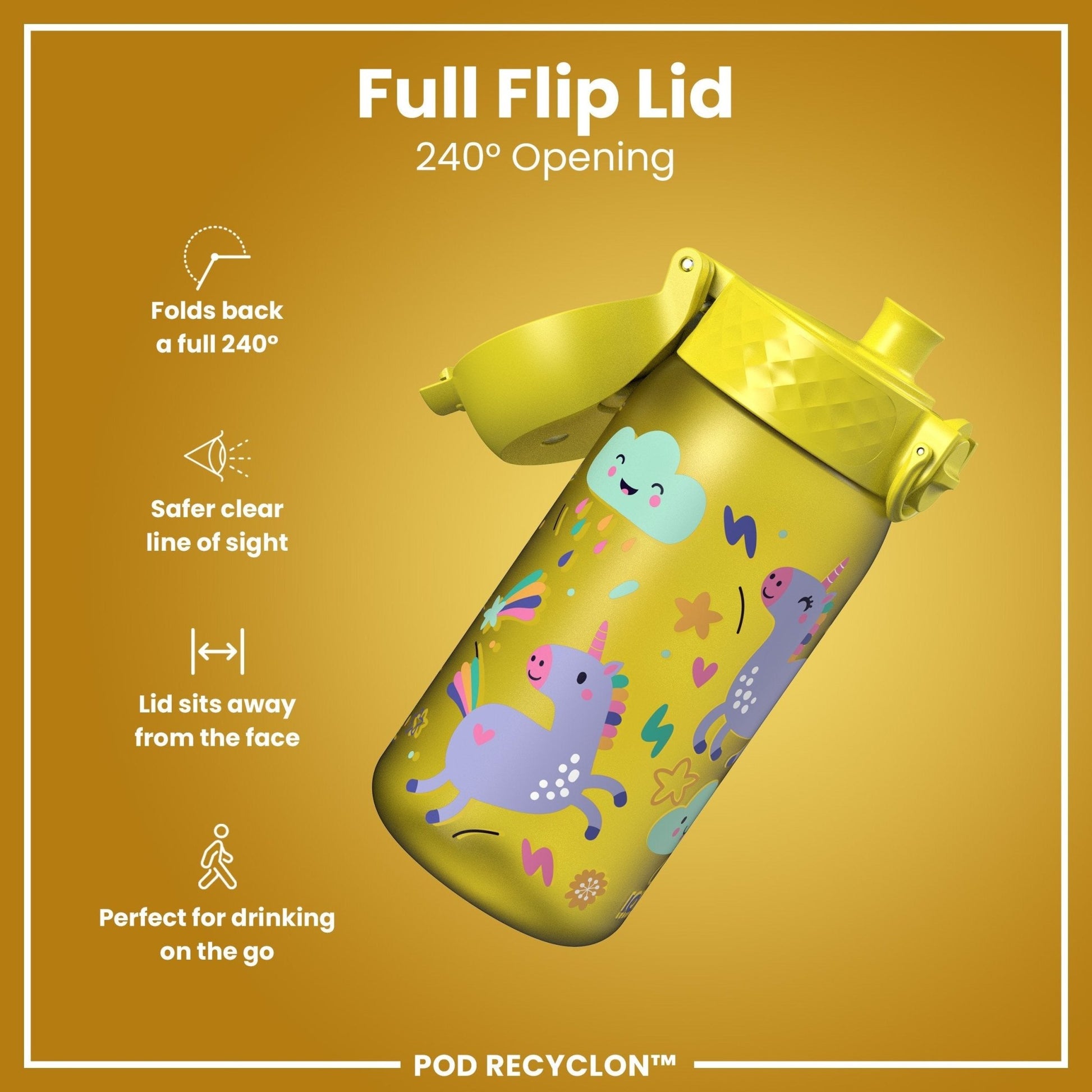 Leak Proof Kids Water Bottle, Recyclon, Yellow Unicorns, 350ml (12oz) - Edie And I
