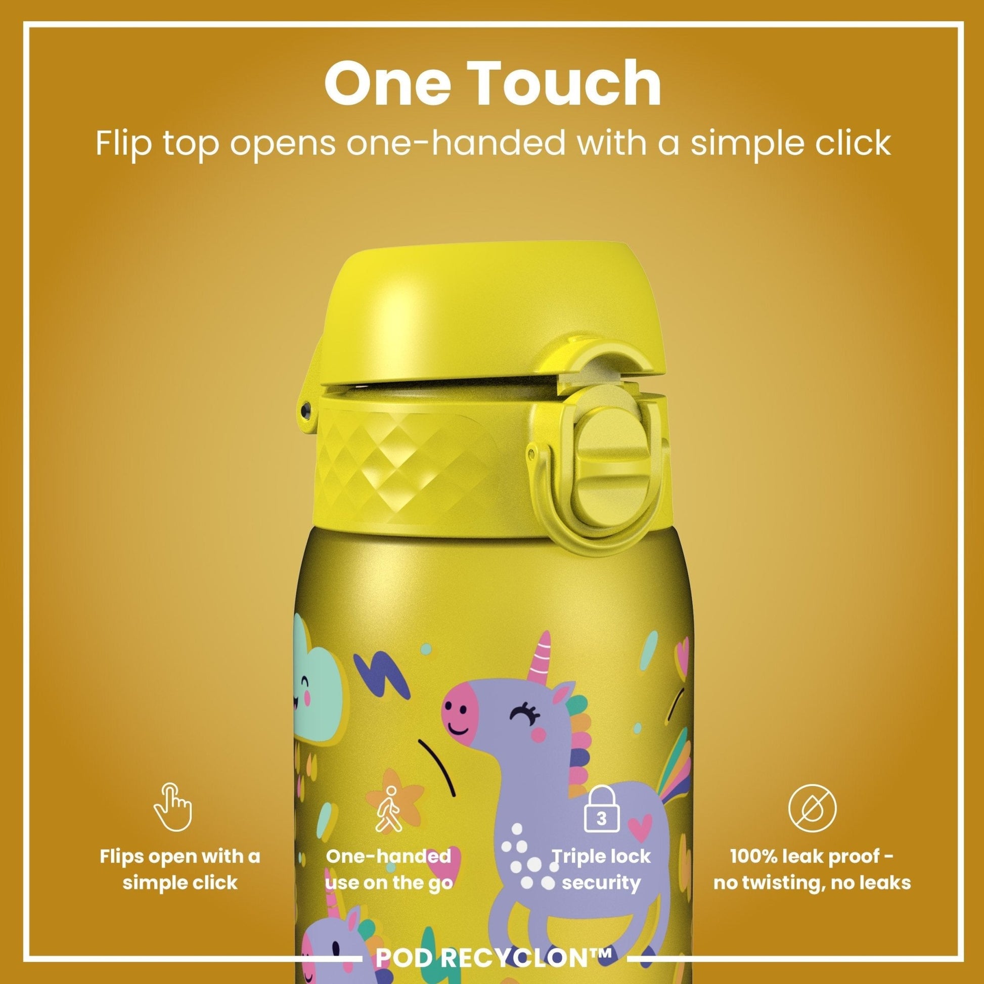 Leak Proof Kids Water Bottle, Recyclon, Yellow Unicorns, 350ml (12oz) - Edie And I