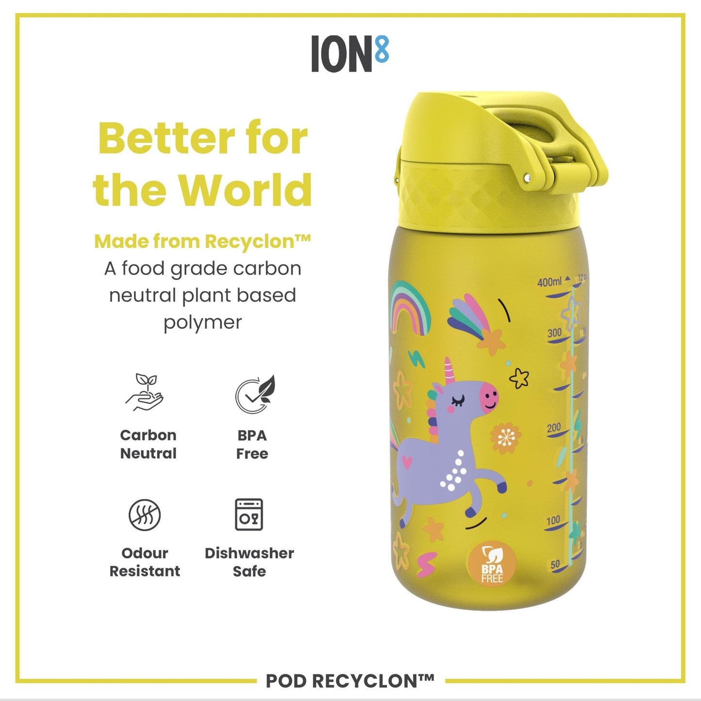 Leak Proof Kids Water Bottle, Recyclon, Yellow Unicorns, 350ml (12oz) - Edie And I