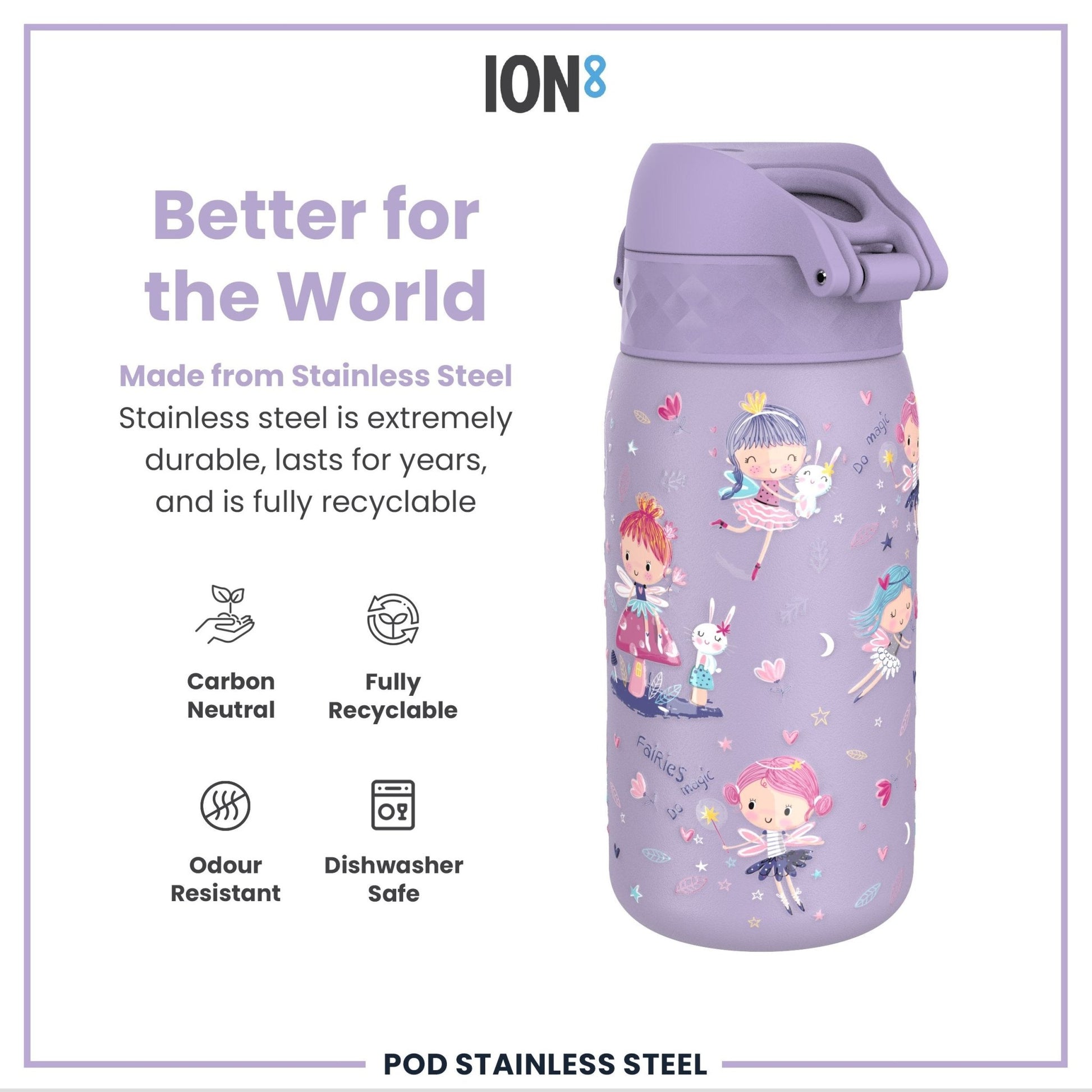 Leak Proof Kids Water Bottle, Stainless Steel, Fairies, 400ml (13oz) - Edie And I