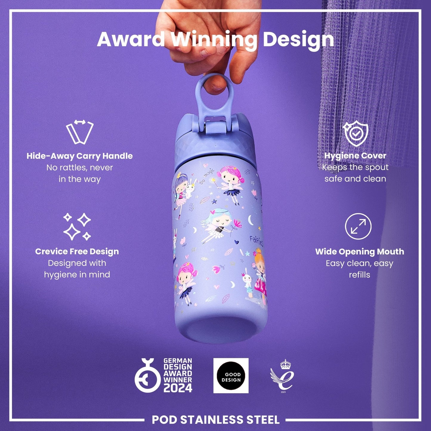 Leak Proof Kids Water Bottle, Stainless Steel, Fairies, 400ml (13oz) - Edie And I