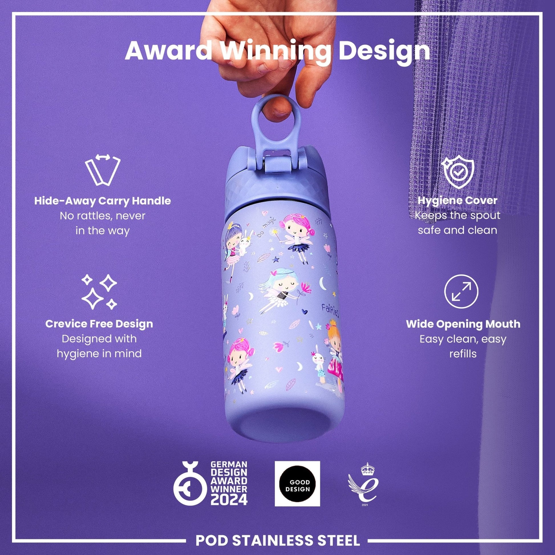 Leak Proof Kids Water Bottle, Stainless Steel, Fairies, 400ml (13oz) - Edie And I