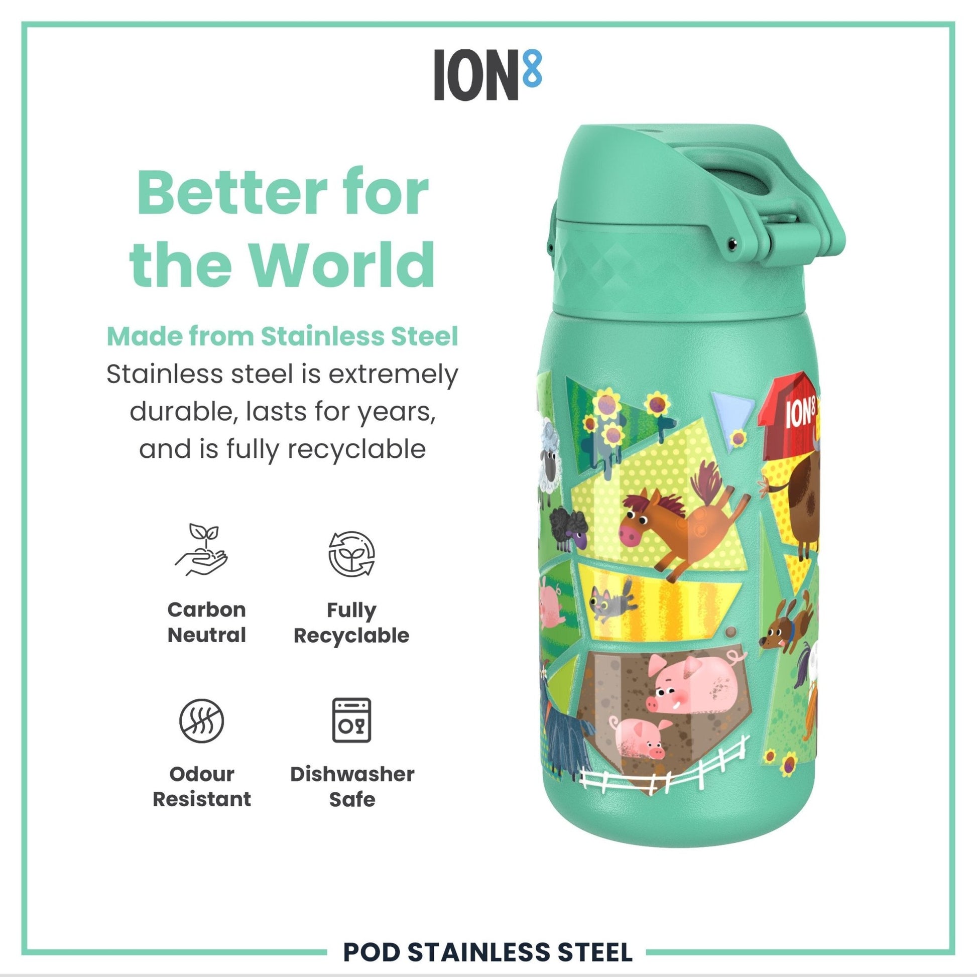 Leak Proof Kids Water Bottle, Stainless Steel, Farming Animals, 400ml (13oz) - Edie And I