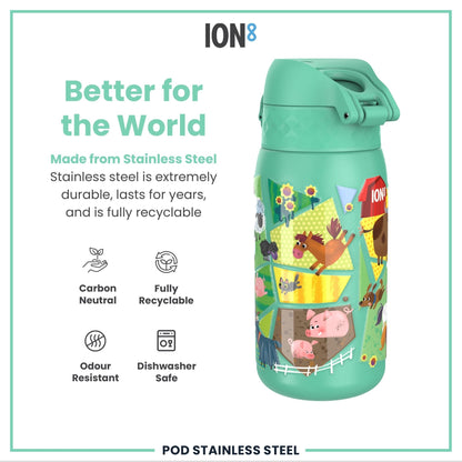 Leak Proof Kids Water Bottle, Stainless Steel, Farming Animals, 400ml (13oz) - Edie And I