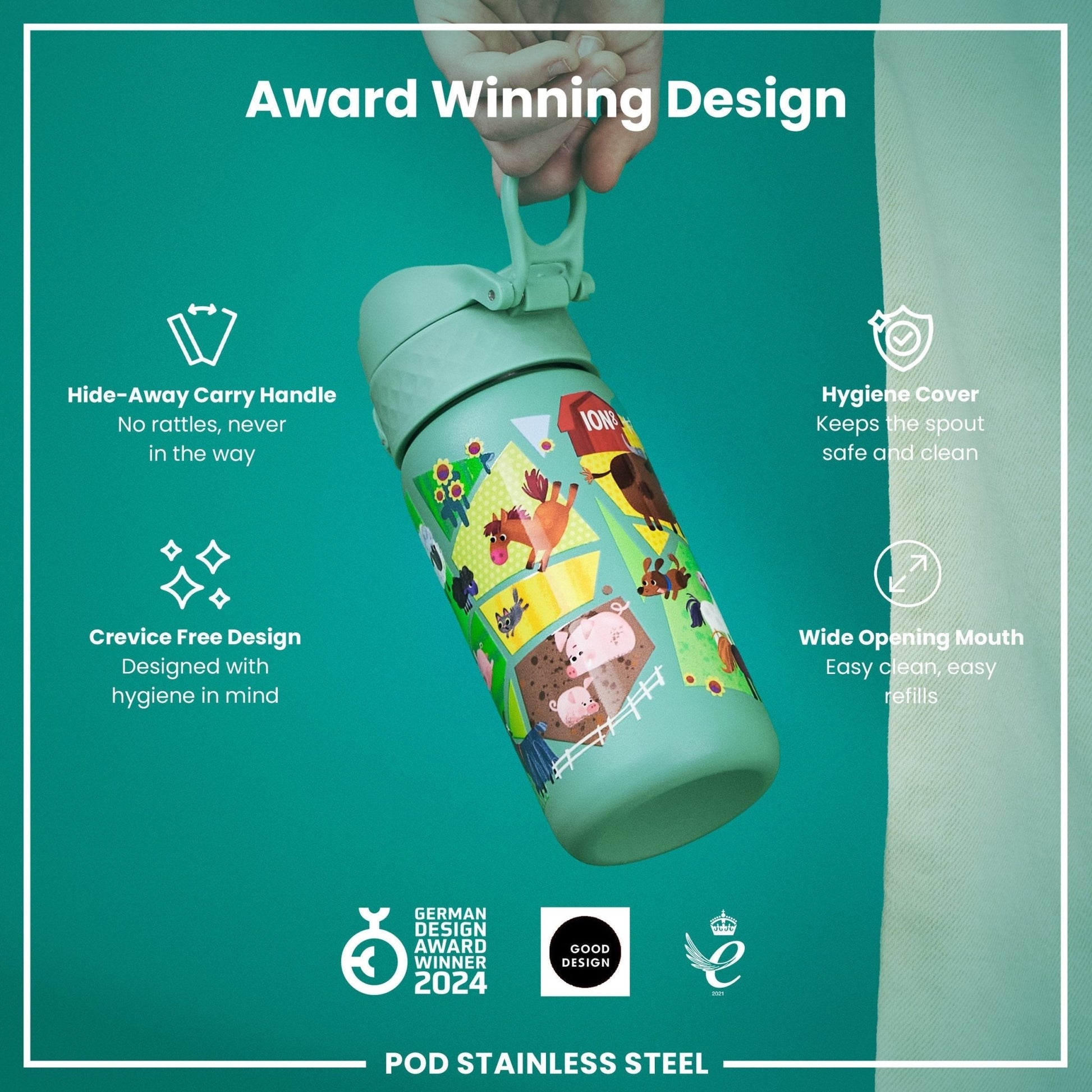 Leak Proof Kids Water Bottle, Stainless Steel, Farming Animals, 400ml (13oz) - Edie And I