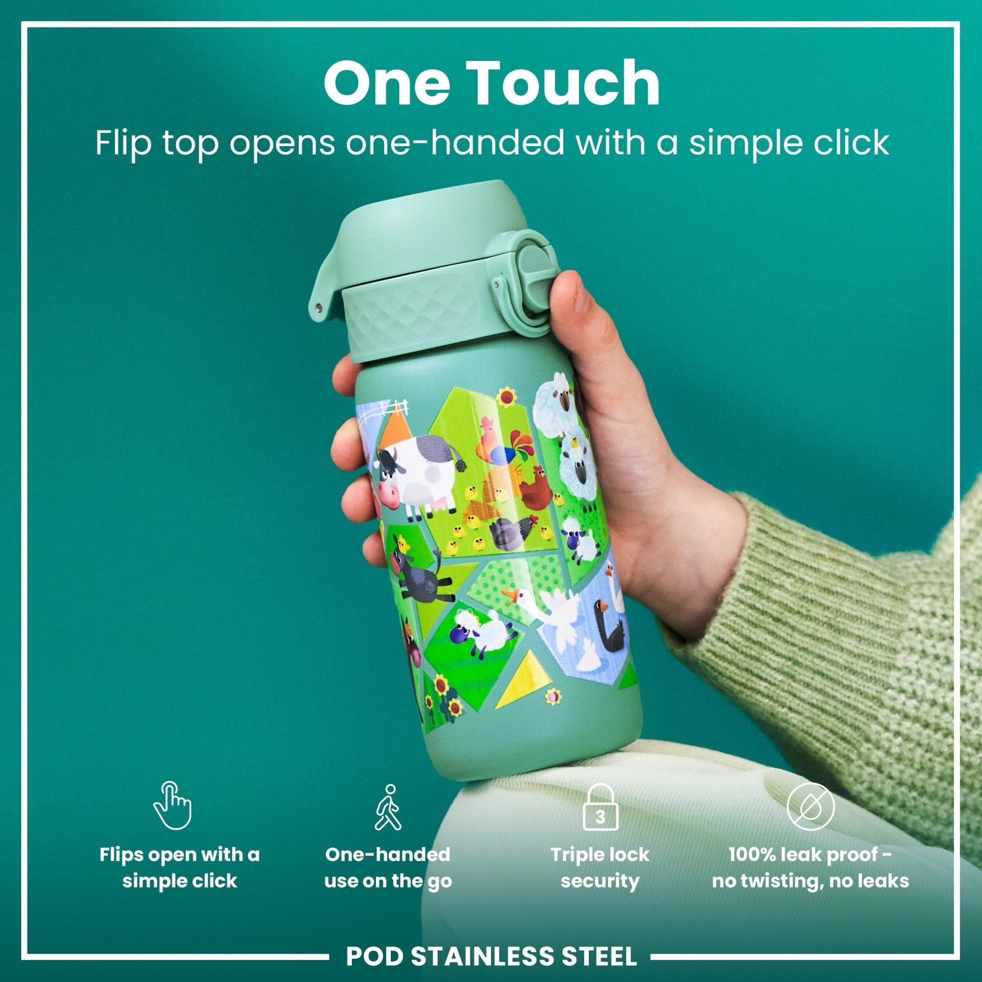 Leak Proof Kids Water Bottle, Stainless Steel, Farming Animals, 400ml (13oz) - Edie And I