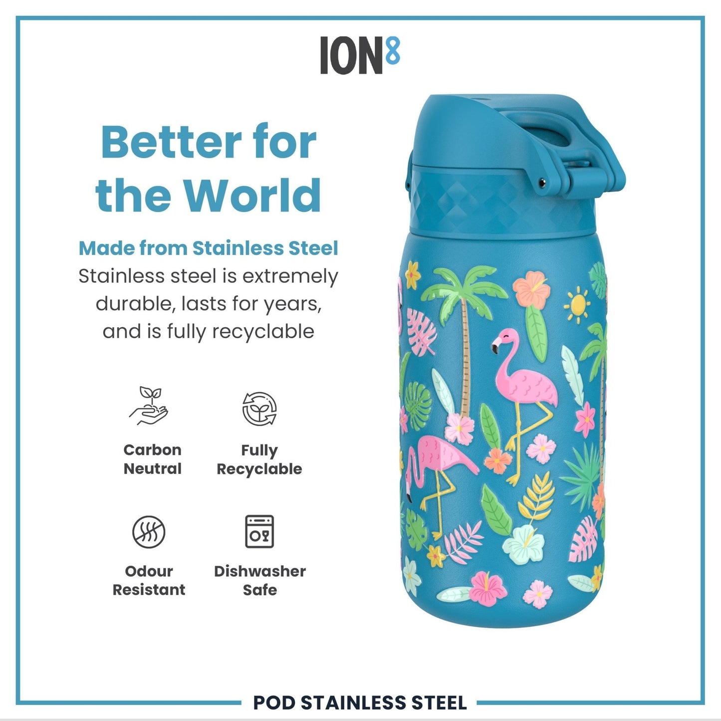 Leak Proof Kids Water Bottle, Stainless Steel, Flamingos, 400ml (13oz) - Edie And I