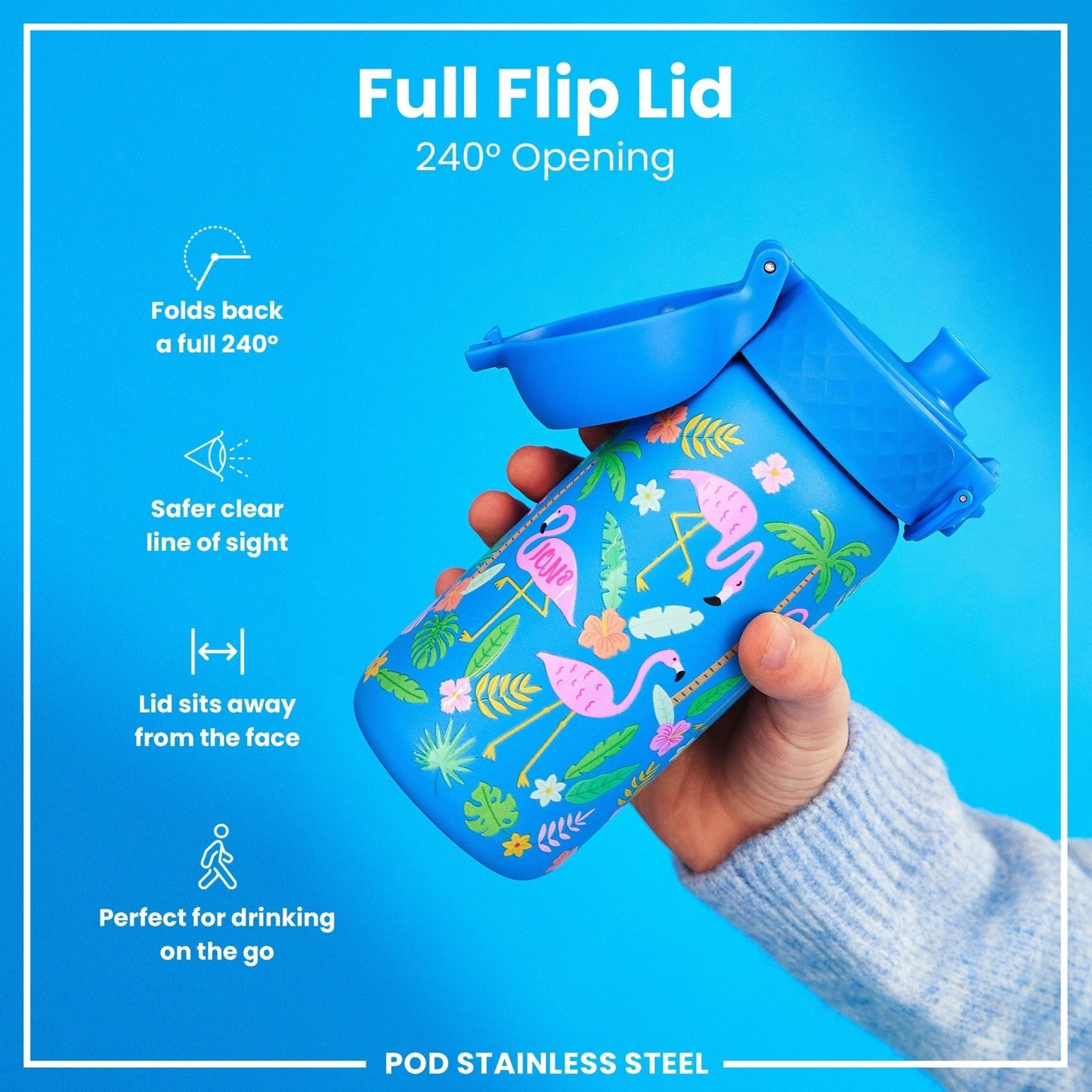 Leak Proof Kids Water Bottle, Stainless Steel, Flamingos, 400ml (13oz) - Edie And I