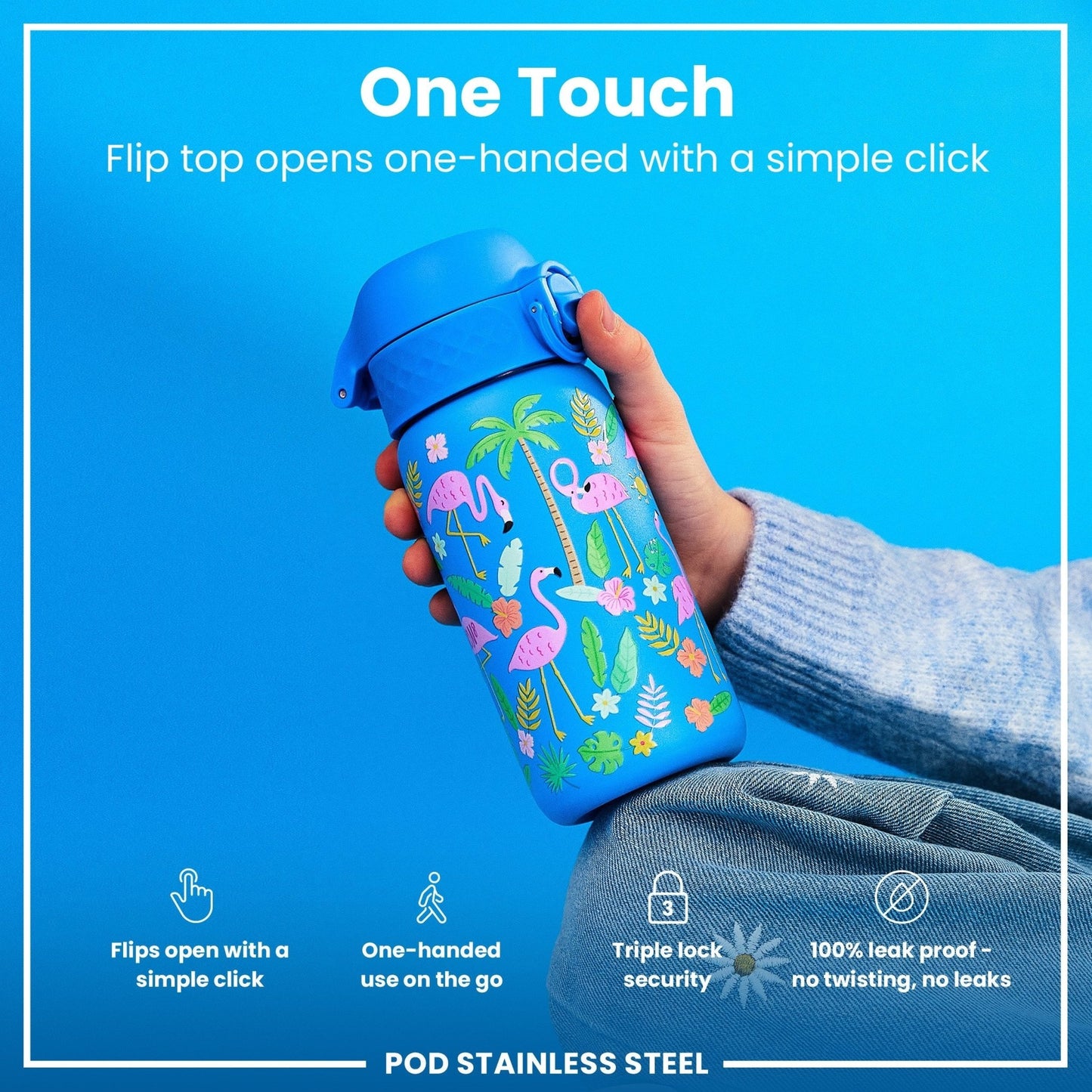 Leak Proof Kids Water Bottle, Stainless Steel, Flamingos, 400ml (13oz) - Edie And I