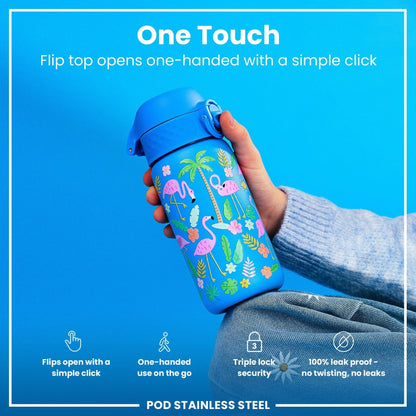 Leak Proof Kids Water Bottle, Stainless Steel, Flamingos, 400ml (13oz) - Edie And I