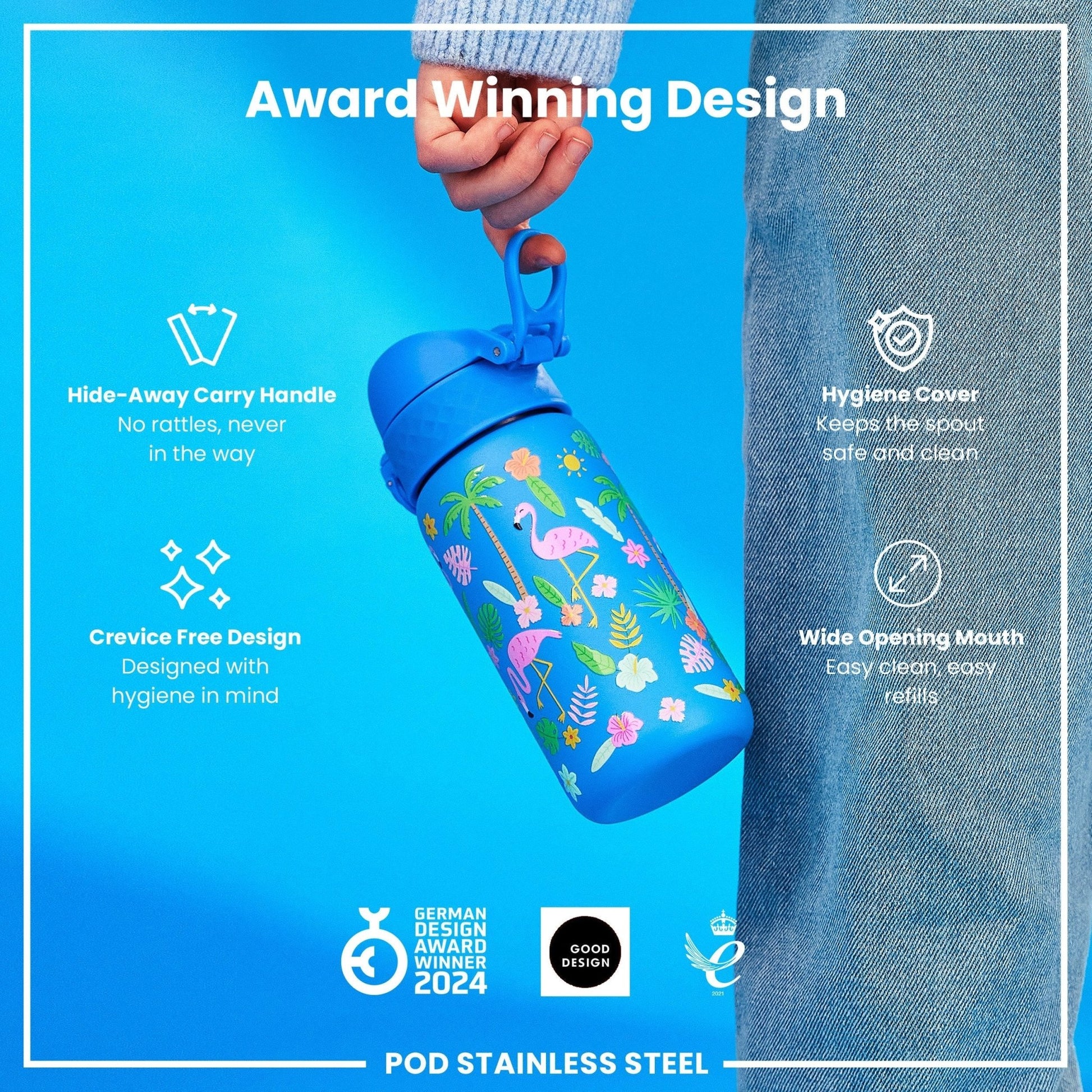 Leak Proof Kids Water Bottle, Stainless Steel, Flamingos, 400ml (13oz) - Edie And I