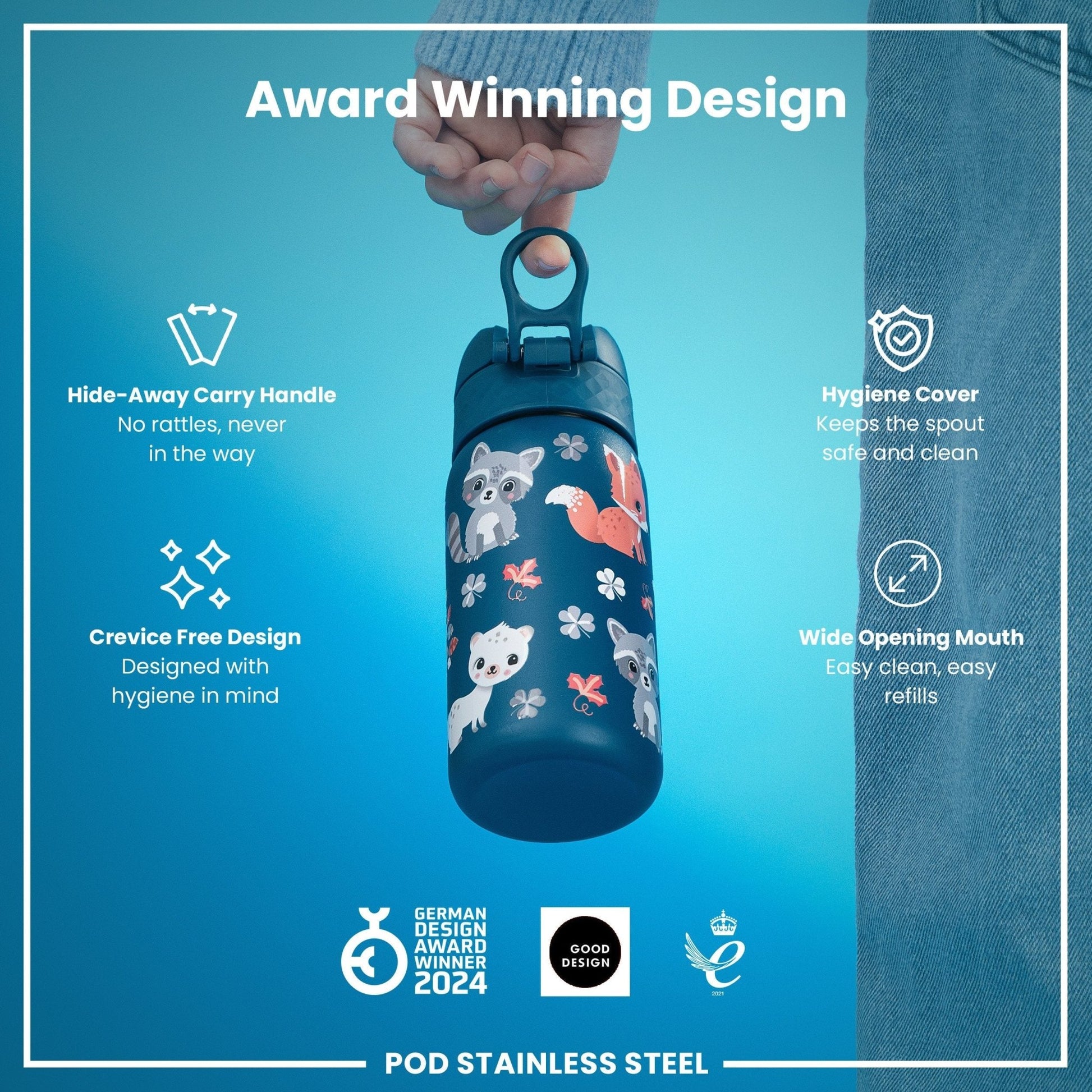 Leak Proof Kids Water Bottle, Stainless Steel, Forest Animals, 400ml (13oz) - Edie And I