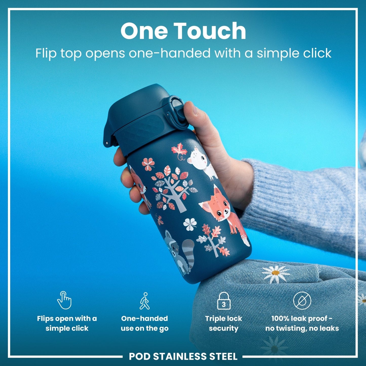 Leak Proof Kids Water Bottle, Stainless Steel, Forest Animals, 400ml (13oz) - Edie And I