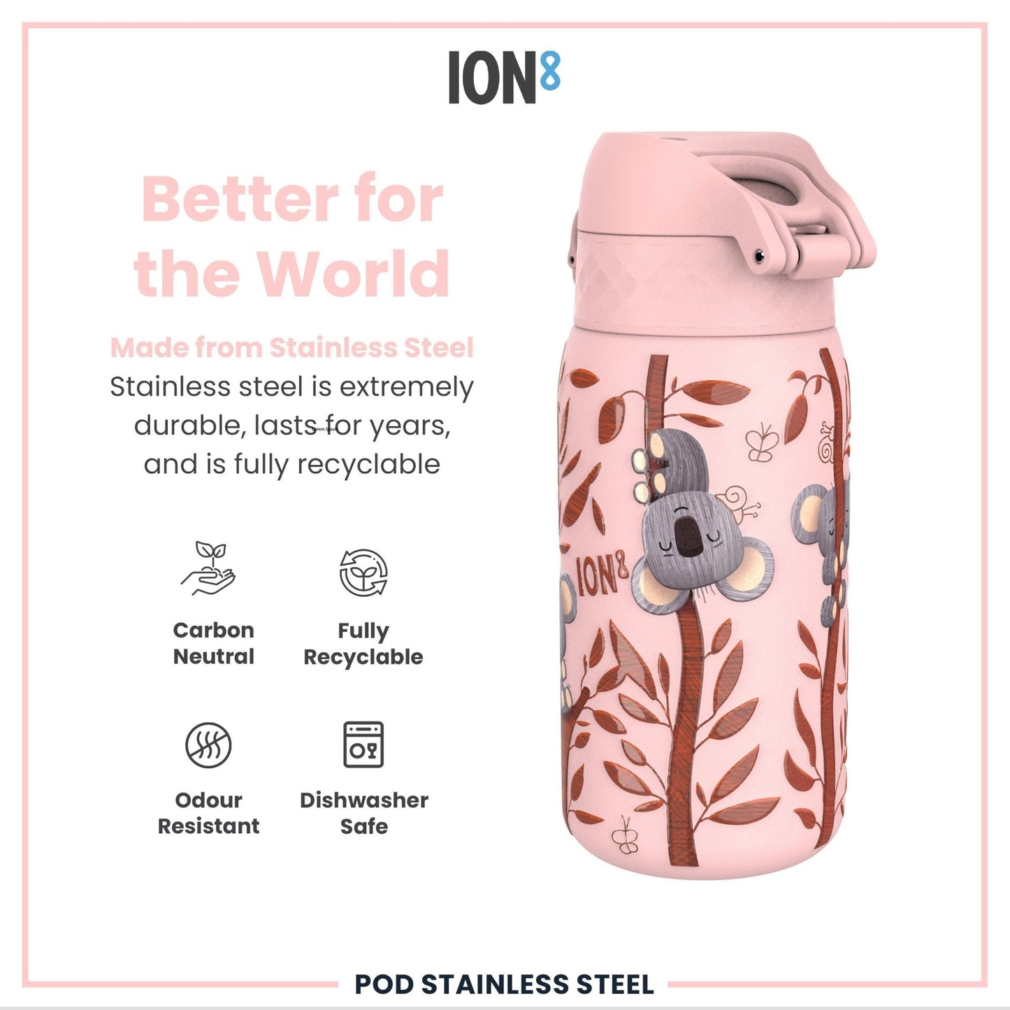 Leak Proof Kids Water Bottle, Stainless Steel, Koalas, 400ml (13oz) - Edie And I