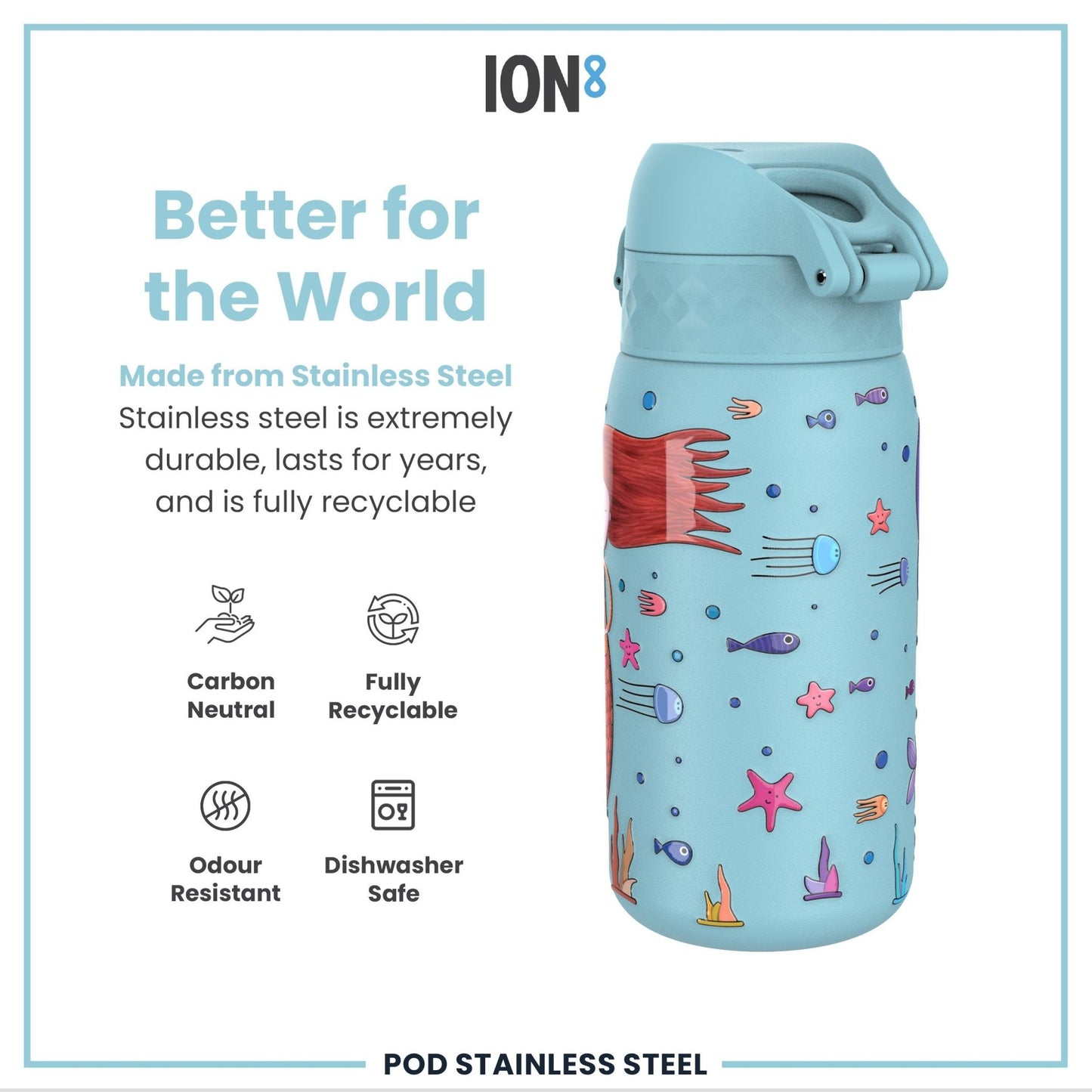 Leak Proof Kids Water Bottle, Stainless Steel, Mermaids, 400ml (13oz) - Edie And I