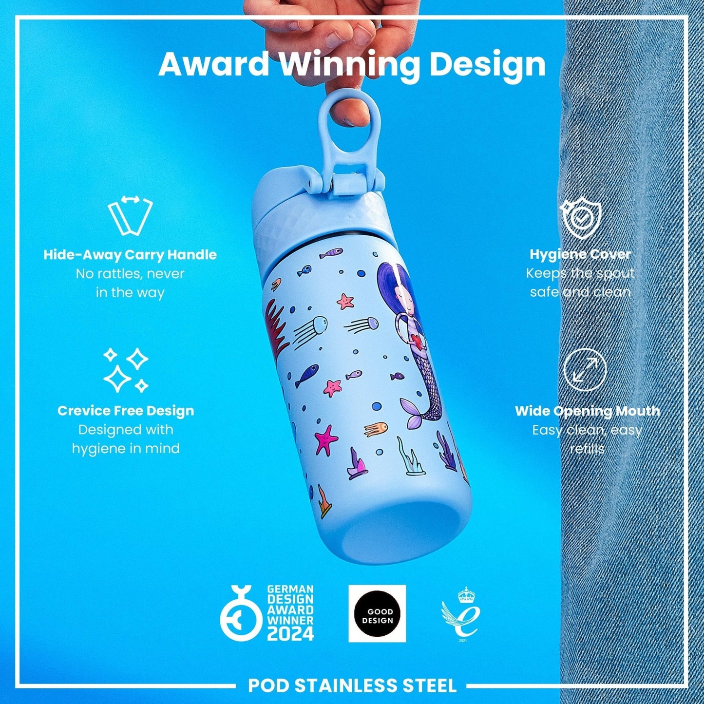 Leak Proof Kids Water Bottle, Stainless Steel, Mermaids, 400ml (13oz) - Edie And I