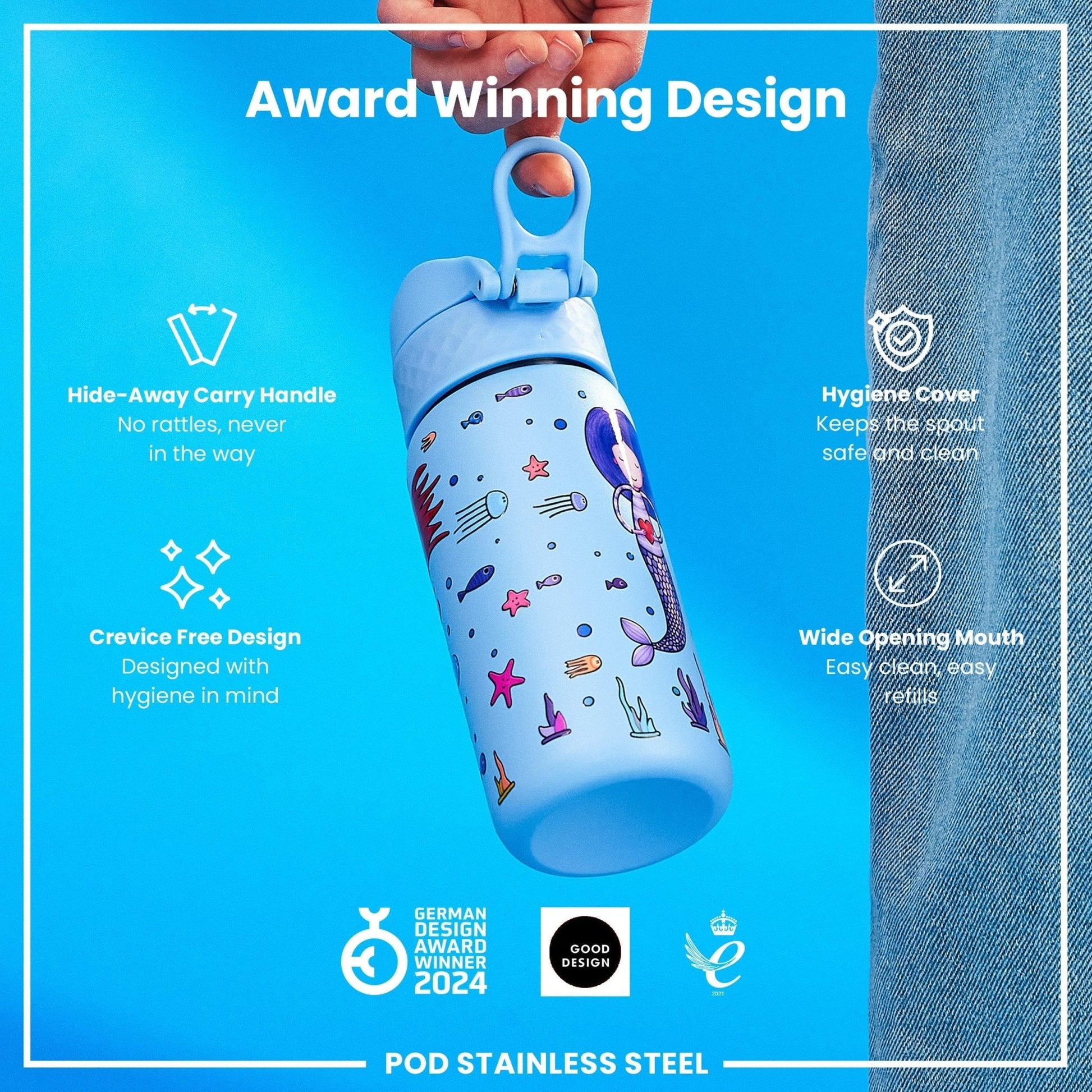 Leak Proof Kids Water Bottle, Stainless Steel, Mermaids, 400ml (13oz) - Edie And I