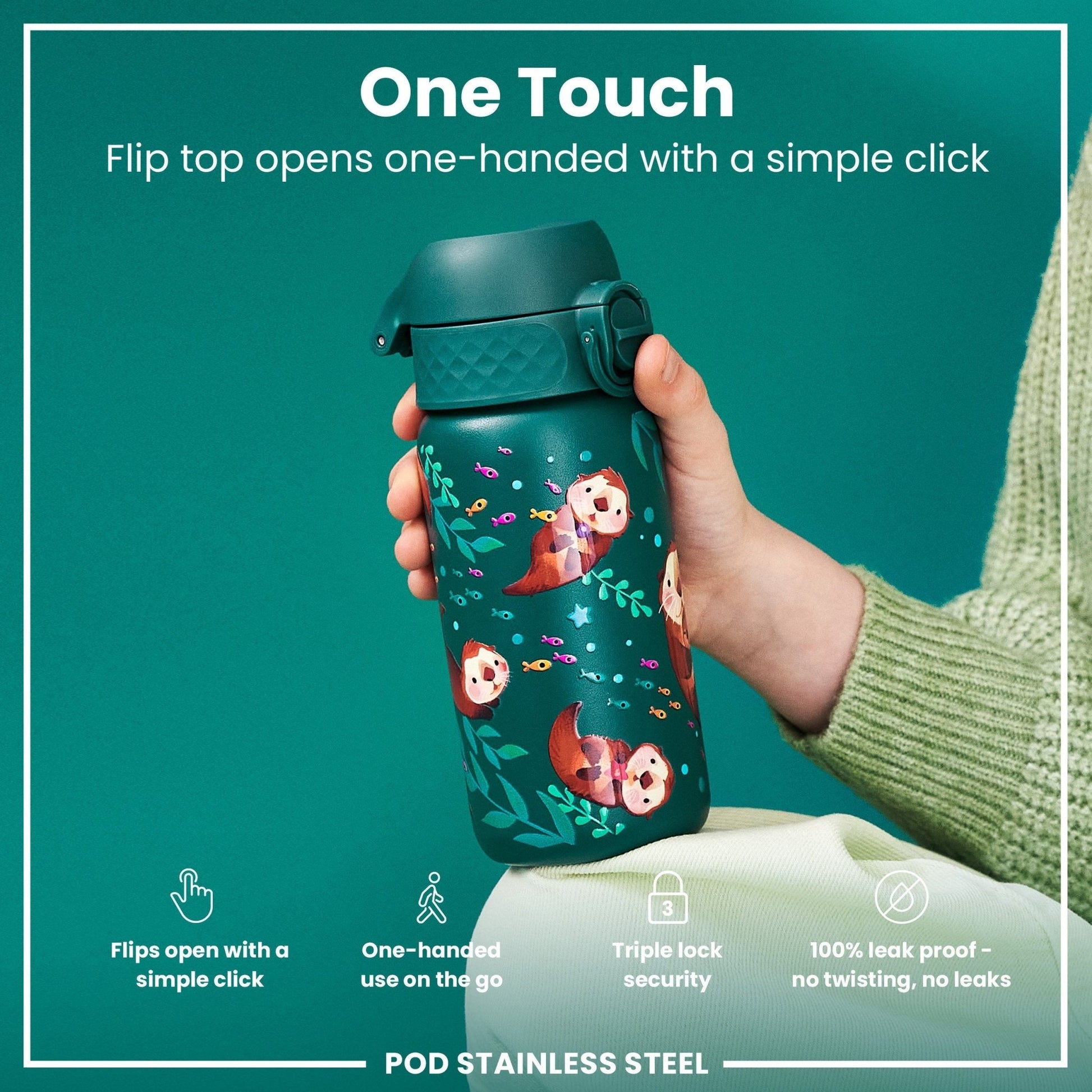 Leak Proof Kids Water Bottle, Stainless Steel, Otters, 400ml (13oz) - Edie And I