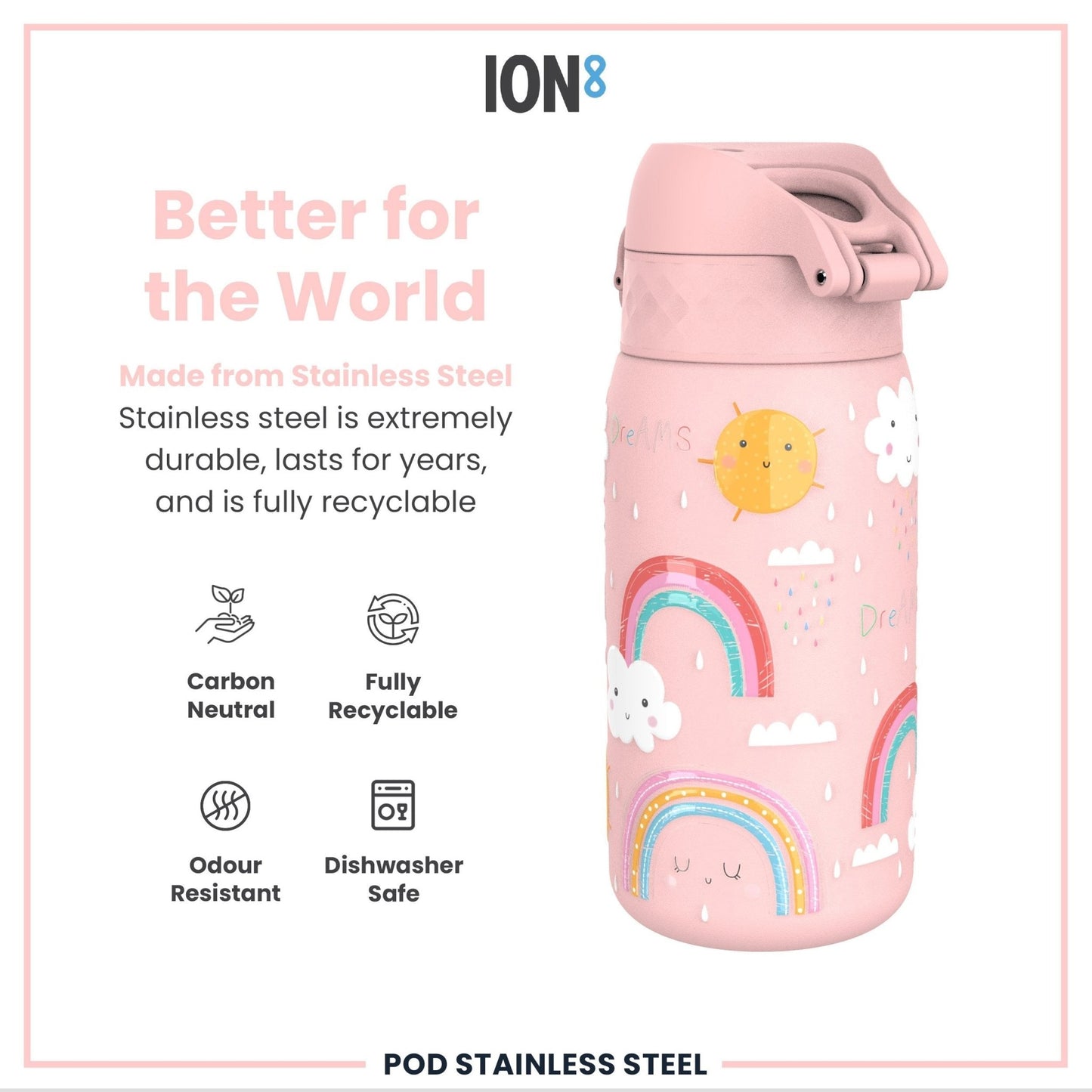 Leak Proof Kids Water Bottle, Stainless Steel, Rainbows, 400ml (13oz) - Edie And I