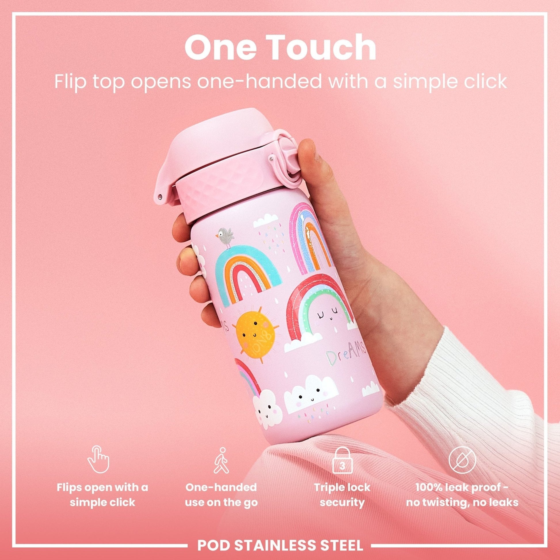Leak Proof Kids Water Bottle, Stainless Steel, Rainbows, 400ml (13oz) - Edie And I