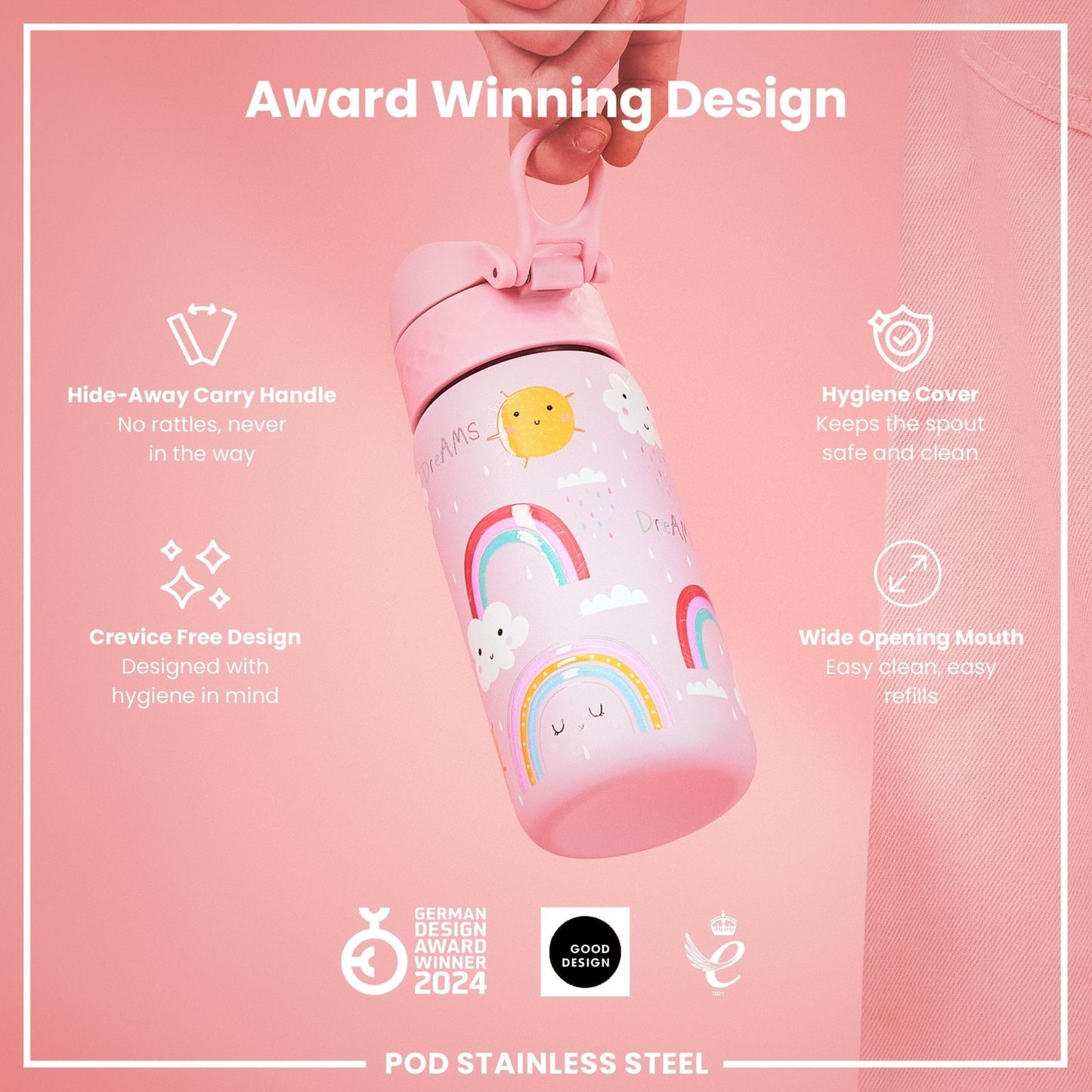 Leak Proof Kids Water Bottle, Stainless Steel, Rainbows, 400ml (13oz) - Edie And I
