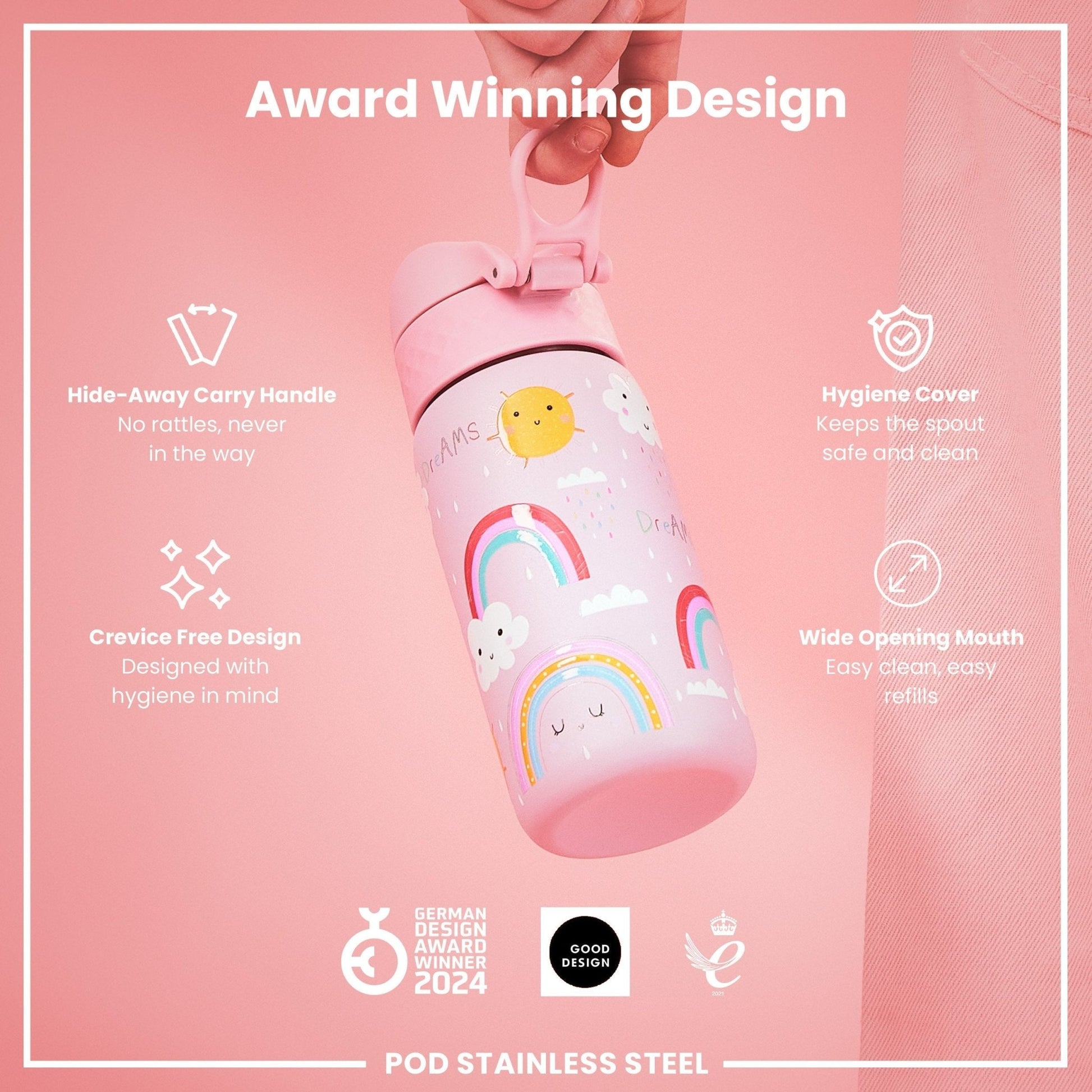Leak Proof Kids Water Bottle, Stainless Steel, Rainbows, 400ml (13oz) - Edie And I