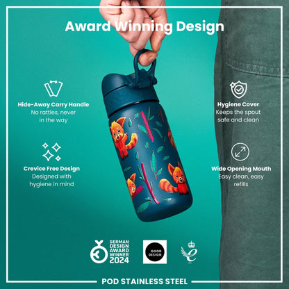 Leak Proof Kids Water Bottle, Stainless Steel, Red Pandas, 400ml (13oz) - Edie And I