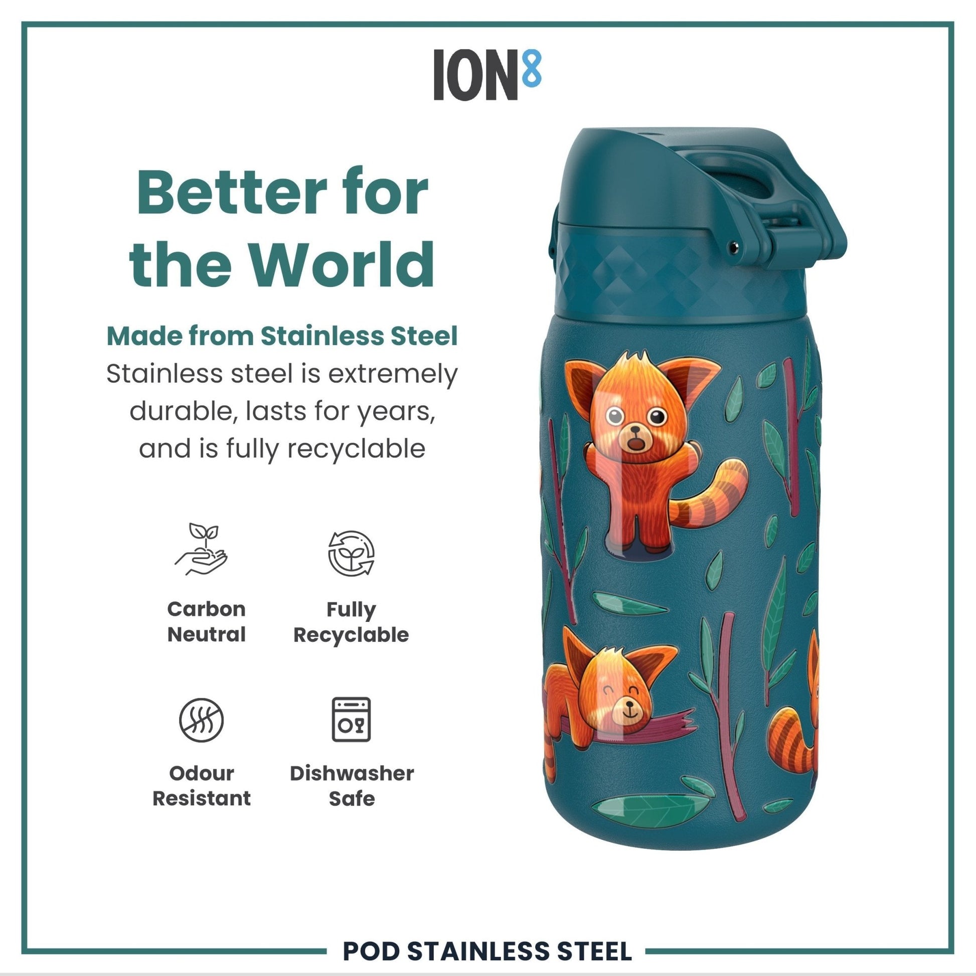 Leak Proof Kids Water Bottle, Stainless Steel, Red Pandas, 400ml (13oz) - Edie And I