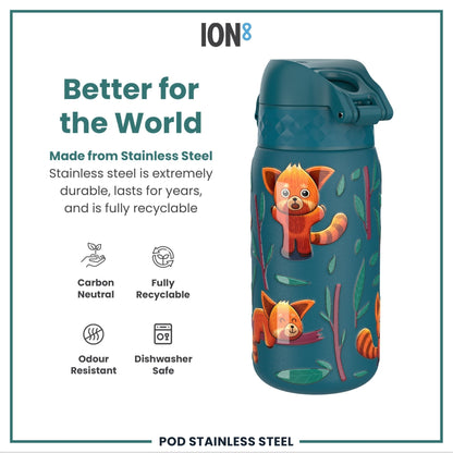 Leak Proof Kids Water Bottle, Stainless Steel, Red Pandas, 400ml (13oz) - Edie And I