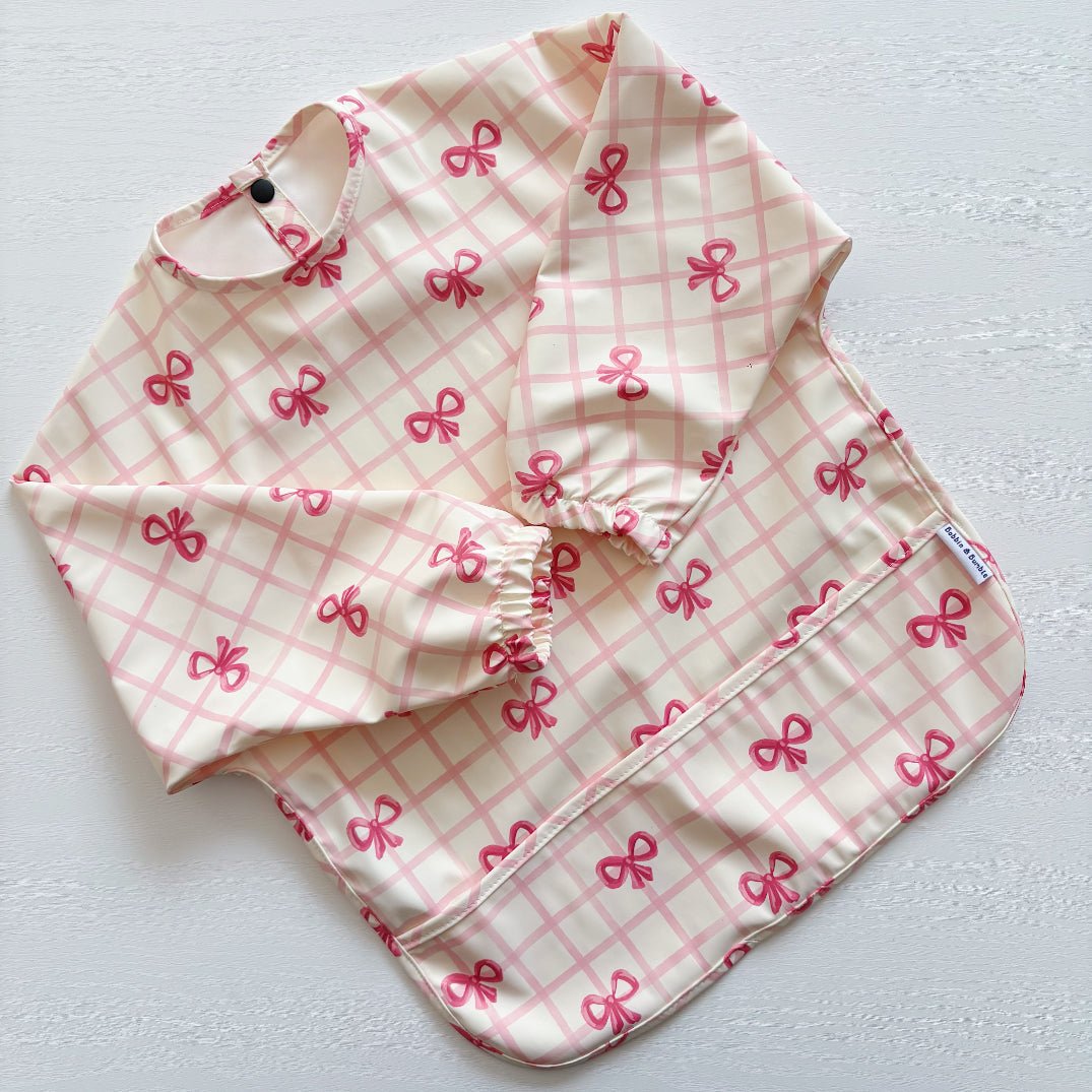 Long Sleeved Baby Bib - Pink Bow - Edie And I